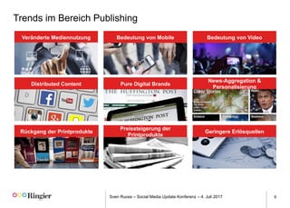Sven Ruoss – Social Media Update Konferenz – 4. Juli 2017 6
Trends im Bereich Publishing
Veränderte Mediennutzung Bedeutung von Mobile Bedeutung von Video
News-Aggregation &
Personalisierung
Geringere Erlösquellen
Distributed Content
Rückgang der Printprodukte
Pure Digital Brands
Preissteigerung der
Printprodukte
 