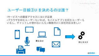 See the World as a Database
ユーザー目線③UI を決めるのは誰？
•サービスへの顧客アクセスにはUI が必要
•ブラウザを好むユーザーもいれば、モバイルアプリを好むユーザーも
いるし、チャットしか使わない人も⇒複数のUI に自社対応は苦しい
同じタスク
異なるUI
 