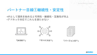 See the World as a Database
パートナー目線①継続性・安定性
•APIとして提供を始めると可用性・継続性・互換性が向上
•アドホック対応でこれらを満たせない
「24/365？」 「バージョンは？」「デバイスは？」
 