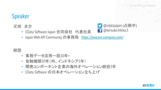 See the World as a Database
Speaker
疋田 圭介
• CData Software Japan 合同会社 代表社員
• Japan Web API Community の事務局 https://jwacom.connpass.com/
経歴
• 業務データ活用一筋10年+
• 金融機関10年（内、インドネシア5年）
• 開発コンポーネント企業の海外オペレーション統括3年
• CData Software の日本オペレーション立ち上げ
@cdatajapan (占拠中)
@keisuke.hikita.5
 