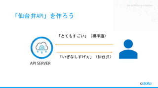 See the World as a Database
「仙台弁API」を作ろう
「とてもすごい」（標準語）
「いぎなしすげぇ」（仙台弁）
 