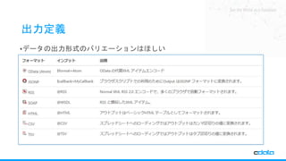 See the World as a Database
出力定義
•データの出力形式のバリエーションはほしい
 