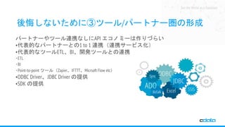 See the World as a Database
後悔しないために③ツール/パートナー圏の形成
パートナーやツール連携なしにAPI エコノミーは作りづらい
•代表的なパートナーとの1 to 1 連携（連携サービス化）
•代表的なツールETL、BI、開発ツールとの連携
‧ETL
‧BI
‧Point-to-point ツール（Zapier、IFTTT、Micrsoft Flow etc）
•ODBC Driver、JDBC Driver の提供
•SDK の提供
 