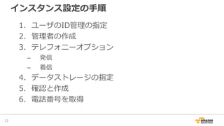 インスタンス設定の手順
1. ユーザのID管理の指定
2. 管理者の作成
3. テレフォニーオプション
– 発信
– 着信
4. データストレージの指定
5. 確認と作成
6. 電話番号を取得
24
 