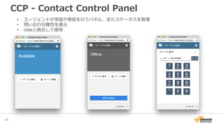 CCP - Contact Control Panel
46
• エージェントが受信や発信を行うパネル、またステータスを管理
• 問い合わせ属性を表示
• CRMと統合して使用
 