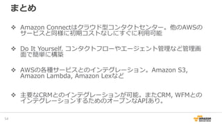 まとめ
Amazon Connectはクラウド型コンタクトセンター。他のAWSの
サービスと同様に初期コストなしにすぐに利用可能
Do It Yourself. コンタクトフローやエージェント管理など管理画
面で簡単に構築
AWSの各種サービスとのインテグレーション。Amazon S3,
Amazon Lambda, Amazon Lexなど
主要なCRMとのインテグレーションが可能。またCRM, WFMとの
インテグレーションするためのオープンなAPIあり。
56
 