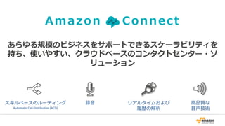 Amazon Connect
リアルタイムおよび
履歴の解析
スキルベースのルーティング
Automatic Call Distribution (ACD)
録音 高品質な
音声技術
あらゆる規模のビジネスをサポートできるスケーラビリティを
持ち、使いやすい、クラウドベースのコンタクトセンター・ソ
リューション
 