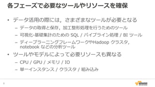 各フェーズで必要なツールやリソースを確保
• データ活用の際には，さまざまなツールが必要となる
– データの取得と保存，加工整形処理を行うためのツール
– 可視化-基礎集計のための SQL / パイプライン処理 / BI ツール
– ディープラーニングフレームワークやHadoop クラスタ，
notebook などの分析ツール
• ツールやモデルによって必要リソースも異なる
– CPU / GPU / メモリ / IO
– 単一インスタンス / クラスタ / 組み込み
8
 