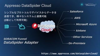 シンプルなプロトコルでデバイスからデータを
送信でき、様々なシステムと連携可能
(β版として利用可能)
https://www.appresso.com/dataspidercloud/
Appresso DataSpider Cloud
 