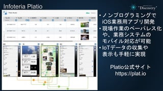 Infoteria Platio
• ノンプログラミングで
iOS業務用アプリ開発
• 現場作業のペーパレス化
や、業務システムの
モバイル対応が可能
• IoTデータの収集や
表示も手軽に実現
Platio公式サイト
https://plat.io
 