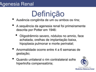 Definição
• Ausência congênita de um ou ambos os rins;
• A sequência da agenesia renal foi primeiramente
descrita por Potter em 1946:
• Oligodrâmnio severo, nódulos no amnio, face
achatada, orelhas de implantação baixa,
hipoplasia pulmonar e morte perinatal;
• Anormalidade ocorre entre 4 a 6 semanas de
gestação;
• Quando unilateral o rim contralateral sofre
hipertrofia compensatória;
Agenesia Renal
 