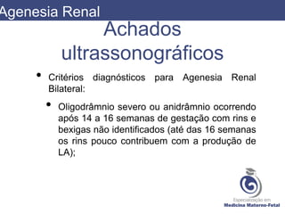 Achados
ultrassonográficos
• Critérios diagnósticos para Agenesia Renal
Bilateral:
• Oligodrâmnio severo ou anidrâmnio ocorrendo
após 14 a 16 semanas de gestação com rins e
bexigas não identificados (até das 16 semanas
os rins pouco contribuem com a produção de
LA);
Agenesia Renal
 