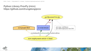Python Library ProvPy (PROV)
https://github.com/trungdong/prov
> PyData Seattle 2017 > A. Schreiber • Provenance for Reproducible Data Science > 06.07.2017DLR.de • Chart 28
 
