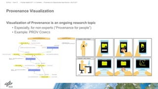 Provenance Visualization
Visualization of Provenance is an ongoing research topic
• Especially, for non-experts (“Provenance for people”)
• Example: PROV COMICS
> PyData Seattle 2017 > A. Schreiber • Provenance for Reproducible Data Science > 06.07.2017DLR.de • Chart 37
 