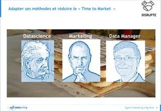© 28
Accompagner la transformation au-delà des experts
Reskilling &
upskelling
Appuyer / challenger les
Métiers pour diversifier et
accélérer les delivery de
reports & analytics
ACCULTARATE
Data Culture
Un sponsorship du Comex
Le développement de nouveaux
usages (Data Viz, …)
Des compétences Data dans les
directions clés
Des rapports /analyses pouvant
être délivrés à la demande
Un scope de décisions drivées
par la data
Transvers / Matrix
Organization
D’une organisation en silo à
une organisation transverse
et un organigramme
matriciel pour les projets
Data
 