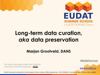www.eudat.eu
EUDAT receives funding from the European Union's Horizon 2020 programme - DG CONNECT e-Infrastructures. Contract No. 654065
Long-term data curation,
aka data preservation
Marjan Grootveld, DANS
This work is licensed under the Creative
Commons CC-BY 4.0 licence
#EUDATschool
 