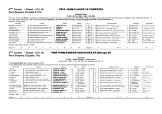 4ème
Course – Départ : 16 h. 00 PRIX JEAN-CLAUDE LE COURTOIS
Paris Simples, Couplés  Trio.
(Steeple-Chase)
14.000 - (6.720, 3.360, 1.960, 1.330, 630).
Pour tous chevaux de 5 ans, n’ayant pas, en steeple-chase, cette année, reçu une allocation de 5.000. Poids : 67 k. Surcharges accumulées pour les sommes reçues en steeple-chases (victoires et places) :1 k.
par 2.000 cette année et par 3.000 l’année dernière.Les Apprentis, Jeunes Jockeys et Jockeys n’ayant pas gagné quarante courses recevront 2 k.
Distance : 3.700 mètres
Propriétaires Couleurs Chevaux Montes Poids (1) Origines ♦ Eleveurs Entraîneurs Performances
ECURIE LES ELEGANTES................................Grise m roses t grise une etoile rose................................ =E034C48;;44........................ M. Pierre DUBOURG.... 71 ....... F. b. 5 Poliglote (GB) et Marquise D'Orton ♦ BROSSEAU ET FILS ................................... ARM. LEFEUVRE..........................2s 2s 5s 6h 5h (16) 2s 1s 3s 5h
J. MARION (S)......................................................!Jaune bretelles et m rges etoiles jaunes t rouge................................!07D42Φ............................................. Antoine MORICEAU ..... 71 69... H. b. 5 Policy Maker (IRE) et Ana De Ken ♦ THIBAUD MORAND.................................... !J. MARION (S)...............................2s Ts (16) Ts 6s 2s 3s 4s 4s 2s
W. MENUET (S)....................................................Bleue diab noir m bles diab noirs t ble los. noir................................8A0;:0.......................................... Hugo LUCAS............. 70 ....... F. b. 5 Balko et Mirakaline ♦ JEAN-MICHEL PECCOT.......................................... W. MENUET (S) ............................2s Tc 2c 4s (16) Ts 1s Th Th
Jean-Christophe AUVRAI................................#Bleue 1 losange gris m et t losanges gris et bleu................................#3D274BB434;0D=0HÊ........... Maxime GOVAERTS.. 69 67... F. al. 5 Ballingarry (IRE) et Princesse Du Soir ♦ JEAN-CHRISTOPHE AUVRAI ............. #A. LACOMBE................................3s 4h 3h 4h (16) Ts Ts Ts 4s 1s
Jean-Gildas LE COURTOIS ................................$Losanges jaunes  mauves m et t noires................................$208;;4346DH4...................... Aymeric LELIEVRE ...... 69 67... F. b. 5 Buck's Boum et Penelope De Guye ♦ DELORME GERARD  VINCENT ......... $JG. LE COURTOIS........................Tc 3c (16) 7s 1s 5s 3s Ts 4s Ts
A. LE CLERC (S)..................................................%Blanche etoiles marron t marron..........................................................%1A48IC74:8=6........................... Ludovic SOLIGNAC...... 67 ....... H. al. 5 Le Fou (IRE) et Stella Nova ♦ MICHEL CREFF.......................................... %A. LE CLERC (S)...........................4s As 6h Ah (16) 2h 5p 5p 5p 5p
Olivier SILLORAY................................ Grenat epaul jaunes m ray. et t cerclee grenat et jaune...............................B7410=0B=.............................. Richard LE STANG ...... 67 65... H. b. 5 Spanish Moon (USA) et Shebana ♦ MAURICE LE MILBEAU............................... O. SILLORAY ................................7p (16) Ah 9h Th (15) Th
Nicolas LEFEBVRE ................................'Verte trois losanges et m jaunes t verte ................................'B018=03410D=4...................... Clement LEFEBVRE..... 66 ....... F. al. 5 Protektor (GER) et Java De Baune ♦ ECURIE DOMAINE DE BAUNE.............. 'N. LEFEBVRE ...............................(16) 8s 7s 6s 2s 5s 5s 6h
ECURIE DES DUNES ................................(Gros-bleu un diabolo et t orange .........................................................(24C434:4AB4A................. Jordan DUCHENE ... b 65 66... F. bb. 5 Al Namix et Rafale De Kerser ♦ Mme KERSTIN DREVET.................................... (P. QUINTON (S)............................(16) 4h (15) 3h 8h
Mme Michel SMADJA................................Gros-bleu pois jaunes t jaune ..............................................................BF44C1DB8=4BB....................... Esteban METIVIER ...... 65 63... F. bb. 5 Bonbon Rose et Business Angel ♦ Mlle MARJORIE SMADJA............................. G. DERAT................................Dh 6s (16) 7h 5h 6p As 7s Th 6h
Rene TABART ......................................................Bleue croix de st-andre et brass roses t rose etoile ble................................;03HE0;;4H................................ Antoine COUPU......... 65 63... F. b. 5 Balko et Squaw Valley (BEL) ♦ RENE TABART......................................... W. MENUET (S) ............................5s (15) 3s 2s 4h 1h Ah Ah
29 Engts - 8 forf. - 2 Annul. de part. - 8 N.D.P.
Arrivée : 1er ............... 2e ............... 3e ............... 4e ............... 5e ............... 6e ............... 7e ............... 8e ............... 9e ............... 10e ............... - Mutuel : G ............... P ............... ............... ............... - PJ : G ............... P ............... ............... ............... - Trio ...............
5ème
Course – Départ : 16 h. 30 PRIX WWW.FEDERATION-OUEST.FR (Groupe B)
Paris Simples, Couplés, Trio
Course H
14.000. - Attelé, femelles. - 2.500 mètres.
6.300, 3.500, 1.960, 1.120, 700, 280, 140.- alloués par la S.E.C.F.
Pour pouliches de 4 ans, n’ayant pas gagné 8.400.
En cas d’élimination, les pouliches restées inscrites au programme d’une réunion au moins six fois seront éliminées en priorité.
Propriétaires Couleurs Chevaux Gains Jockeys Origines ♦ Eleveurs Entraîneurs Performances
J. COTTEL ................................ Noire, Croix de Lorraine jaune, m. mi-jaune, mi-noir, t. jaune.................................3A06034;20AB8ÐÐ................... 0 J.S. CORMY................ 2.500 F. b. 4 Real de Lou et Ophelie du Pommeau ♦ S.A.R.L. de CARSI ................................J.S. CORMY................................Inédit
D.M. OLIVIER ..............................!Grise, coutures vertes, m. grises, brassards et t. verts................................!38=4342A14AH.......................  0 D.M. OLIVIER ................ - F. b. 4 Panymede Tivoli et Odyssee de Salvi ♦ A. LEGOFF ................................!D.M. OLIVIER................................0. D.
J.Y. OLIVIER................................Rouge, chevron et t. jaunes.................................................................380=434;ª4EA4............................  120 J.Y. OLIVIER.................. - F. b. f. 4 Osiris de Corbery et Tana de l'Evre ♦ J.Y. OLIVIER ................................ J.Y. OLIVIER................................D. D. D. 8. 7.
B. LUCON ................................ #Grise, m. mi-gris mi-jaune, t. grise.......................................................#305;A03DCA4BA...................  520 A. BARRIER................ - F. al. 4 Quito Kebir et Tresoria d'Avril ♦ Louis Marie AUGEREAU ................................#J. GROIZEAU................................Dm 6m 6m (16) D. 0. D.
Ec. Christian BOISNARD ..................$Verte, brassards et écharpe jaunes, t. verte.................................$30I03D12064ÐÐ............. 2 100 A. GILLES ................... - F. b. 4 Nil du Rib et Osca Maria ♦ Mme Geneviève LUNG................................$CH. BOISNARD ............................Rm Dm D. D. 3. (16) D.
J. LANGELIER.............................%Rose, bande noire, t. rose. ................................................................%30;8:0ADBB4C84A4...................  3 300 D. HEON ..................... - F. b. 4 Pitt Cade et Nakima de la Cour ♦ D. LORAULT................................ %D. HEON................................D. 5. 2. R. 0. D.
M. BARRE................................ Bleu-foncé, brassards et chevron verts, t. bleu-foncé.................................3H=0BC843ª0A80=4......................  4 720 M. BARRE................... - F. b. 4 Paris Haufor et Maroussia d'Ariane ♦ Mme J. BETHOUART ................................M. BARRE................................Dm 6. 0. (16) Dm Dm 2m
B. CARPENTIER .........................'Rouge, bde et m. jaunes, brass. rges, t. écart. jaune et rge. .......................'380=3E0;;4HÑÐ.................... 6 160 F. JOSEPH.................. - F. al. 4 Oyonnax et La Vallee Barrey ♦ Ecurie VINCEL................................ 'B. CARPENTIER...........................7. D. D. 0. 8. 4.
P. GUILLOUX ..............................(Grise, m. vertes, t. jaune.................................................................(34;B034BC8C708BÐÐ............. 7 090 SEBASTIEN
TRIBOURDEAU.................
- F. al. 4 Olitro et Olga des Tithais ♦ Mme Fabienne GUILLOUX ................................ (SEBASTIEN
TRIBOURDEAU ..............................
5. 7. D. 8. 8. (16) 9.
Ecurie Gérard JOUENNE............Bleu-clair, Croix de Saint-André et t. orange. ................................38=4B3D270C4;4CÐÐ........ (E)  7 430 M. CHARUEL.............. - F. b. 4 Niky et Ines du Chatelet ♦ Ecurie Gérard JOUENNE................................CH. JOUENNE..............................4. 5. 4. 7. 8. (16) D.
Ecurie Gérard JOUENNE............ Bleu-clair, Croix de Saint-André et t. orange. ................................3AH0343D270C4;4C............ (E)  7 920 Jérémy LEHERICEY .......* - F. n.pan 4 So Lovely Girl et Karla du Chatelet ♦ Ecurie Gérard JOUENNE...........................CH. JOUENNE..............................2. 6. 2. 6. 3. (16) D.
G. DONIO................................ !Jaune, épaul.et étoile bl-cl, t. jaune, coutures bleu-cl.................................!38=0=08B4ADB7...........................  8 010 G. DONIO.................... - F. b. 4 L'As de Viretaute et Ovilla Blue ♦ G. DONIO..............................................!G. DONIO................................4. 4. D. 0. 1.
J.M. LOESSEL.............................Blanche, brassards, chevron et t. rouges.................................38E034BB408;;4B....................  8 290 J. GOSSELIN................. - F. al. 4 Opium et Nuee Chouan ♦ J.M. LOESSEL................................ G. HOUEL ................................D. 3. 4. D. D. D.
G. BERTHAULT...........................#Bleu-foncé, Croix de Saint-André et t. bleu-clair.................................#30II0=0944?................................  8 380 G. BERTHAULT............. - F. b. f. 4 Severino et Ucocotte Jeep ♦ E. BERTOGLIATI .................................................#G. BERTHAULT............................8. 4. 9. D. D. 8.
108 Engts - 69 forf. - 11 N.D.P.
Arrivée : 1er ............... 2e ............... 3e ............... 4e ............... 5e ............... 6e ............... 7e ............... 8e ............... 9e ............... 10e ............... - Mutuel : G ............... P ............... ............... ............... - PJ : G ............... P ............... ............... ............... - Trio ...............
 