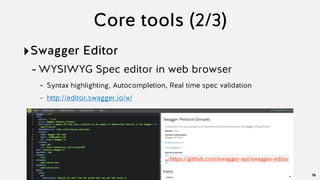 Core tools (2/3)
‣Swagger Editor
-WYSIWYG Spec editor in web browser
- Syntax highlighting, Autocompletion, Real time spec validation
- http://editor.swagger.io/#/
16
https://github.com/swagger-api/swagger-editor
 