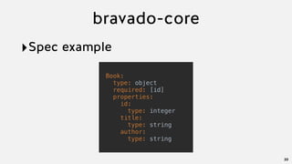 bravado-core
‣Spec example
20
Book:
type: object
required: [id]
properties:
   id:
     type: integer
   title:
     type: string
   author:
     type: string
 