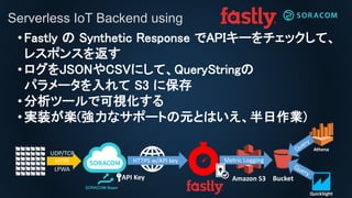 Serverless IoT Backend using
Bucket
SORACOM Beam
QuickSight
Athena
Amazon S3
UDP/TCP
HTTP
LPWA
HTTPS w/API key Metric Logging
API Key
?Fastly  Synthetic Response API`åơ
쥹ݥ󥹤򷵤
?JSONCSVˤơQueryString
ѥ` S3 ˱
?ĩ`ǿҕ
?gװS(ʥݩ`ȤԪȤϤI)
 