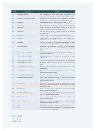รายงานประจำ�ปี 2559
122
188 Experimental Physiology Dual T-type and L-type calcium channel blocker exerts beneficial effects
in attenuating cardiovascular dysfunction in iron-overload thalassemic mice
189 Experimental and Toxicologic Pathology Iron distribution and histopathological study of the effects of deferoxamine
and deferiprone in the kidneys of iron overloaded β-thalassemic mice
190 Ferroelectrics Calculated XANES spectra of cation off-centering in Bi(Mg0.5
Ti0.5
)O3
191 Ferroelectrics Dielectric properties andcharacterizations of binary Cu(2-x)
Mgx
P2
O7
pyrophosphates
192 Ferroelectrics Dielectric, ferroelectric and piezoelectric properties of the lead free
0.9BaTiO3-(0.1-x)
B0.5
Na0.5
TiO3-x
Bi(Mg0.5
Ti0.5
)O3
solid solution
193 Ferroelectrics Fine grain BaTiO3
-Co0.5
Ni0.5
Fe2
O4
ceramics prepared by the two-stage
sintering technique
194 Ferroelectrics Influence of BCZT dopant on dielectric properties of PZT ceramics
195 Ferroelectrics Physical, electrical and optical properties of F/Sb Codoped SnO2
synthesized via sonochemical process
196 Ferroelectrics The effect of zirconium on the perovskite phase formation of barium
zirconium titanate aanoparticles by the sonochemical method
197 Field Crops Research Improvement of the submergence tolerance and the brown planthopper
resistance of the Thai jasmine rice cultivar KDML105 by pyramiding Sub1
and Qbph12
198 Fish and Shellfish Immunology The cellular death pattern of primary haemocytes isolated from the black tiger
shrimp (Penaeus monodon)
199 Fish and Shellfish Immunology The interaction between PmHtrA2 and PmIAP and its effect on the activity
of Pm caspase
200 Fish and Shellfish Immunology YHV-responsive gene expression under the influence of PmRelish regulation
201 Food and Bioprocess Technology Argon plasma treatment of tapioca starch using a semi-continuous downer
reactor
202 Food and Bioprocess Technology Performance evaluation of top-spray fluidized bed coating for healthy coated
rice production
203 Food and Bioprocess Technology Process of producing parboiled rice with different colors by fluidized bed
drying technique including tempering.
204 Food and Bioproducts Processing Application of microwaves for drying of durian chips
205 Food and Bioproducts Processing Drying of aloe vera puree using hot air in combination with far-infrared
radiation and high-voltage electric field: drying kinetics, energy consumption
and product quality evaluation
206 Food Chemistry Bioavailability of angiotensin I-converting enzyme (ACE) inhibitory peptides
derived from Virgibacillus halodenitrificans SK1-3-7 proteinases hydrolyzed
tilapia muscle proteins
207 Food Chemistry Fluorescence sensor array for identification of commercial milk samples
according to their thermal treatments
208 Food Science and Biotechnology Detection of Campylobacter DNA using magnetic nanoparticles coupled with
PCR and a colorimetric end-point system
209 Frontiers in Immunology Human transbodies to HCV NS3/4A protease inhibit viral replication and
restore host innate immunity
210 Frontiers in Plant Science Cellular and pectin dynamics during abscission zone development and ripe
fruit abscission of the monocot oil palm
211 Fuel CO2
and H2
S binary sorption on polyamine modified fumed silica
212 Fuel Optimizing Jatropha biodiesohol composition for a suitable kinematic viscosity
by a phase diagram and mixture design
ลำ�ดับที่ ชื่อวารสาร ชื่อเรื่อง
 