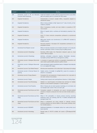 รายงานประจำ�ปี 2559
124
239 International Journal of RF and Microwave
Computer-Aided Engineering
Single-fed broadband circularly polarized unidirectional antenna using folded
plate with parasitic patch for universal UHF RFID readers
240 Integrated Ferroelectrics Characterization of bismuth vanadate (BiVO4
) nanoparticle prepared by
solvothermal method
241 Integrated Ferroelectrics Effect of strong correlation of Mg2+
-doped into Cr3+
sites of CuCrO2
on ther-
moelectric properties
242 Integrated Ferroelectrics Effect of temperature, humidity, and crack initiation on properties of PZT
micro-actuator
243 Integrated Ferroelectrics Effects of magnetic field on synthesis and thermoelectric properties of Na-
CoO2
244 Integrated Ferroelectrics Indium Tin Oxide conductive nanoparticles synthesized by sonochemical
method
245 Integrated Ferroelectrics MPB phase transition and microstructure of (1-x)PMN-xPZT activated by
0.05BZN ceramics
246 Integrated Ferroelectrics Structural properties of Ga-doped ZnO nanoparticles synthesized by co-
precipitation process
247 International Food Research Journal Effects of charcoal composition and oil droplet combustion on the polycyclic
aromatic hydrocarbon content of smoke during the grilling process
248 International Journal for Parasitology Estimating mRNA lengths from Plasmodium falciparum genes by virtual
northern RNA-seq analysis
249 International Journal for Parasitology Identifying antimalarial compounds targeting dihydrofolate reductase-
thymidylate synthase (DHFR-TS) by chemogenomic profiling
250 International Journal of Biological Macromole-
cules
A comparison of eugenol and menthol on encapsulation characteristics with
water-soluble quaternized β-cyclodextrin grafted chitosan
251 International Journal of Biological Macromole-
cules
Super-paramagnetic loaded nanoparticles based on biological macromolecules
for in vivo targeted MR imaging
252 International Journal of Cast Metals Research Microstructural characteristics of the surface layer in high-pressure die castings
253 International Journal of Chemical Reactor En-
gineering
Catalytic activity of bimetallic Cu-Ag/MgO-SiO2
toward the conversion of
ethanol to 1,3-butadiene
254 International Journal of Energy Research Comparative life cycle assessment of diesel production from crude palm oil
and waste cooking oil via pyrolysis
255 International Journal of Fatigue Fretting-contact-induced crack opening/closure behaviour in fretting fatigue
256 International Journal of Food Microbiology Validation of a high-throughput immunobead array technique for multiplex
detection of three foodborne pathogens in chicken products
257 International Journal of Food Properties Effect of freezing rate and starch granular morphology on ice formation and
non-freezable water content of flour and starch gels
258 International Journal of Food Science and Tech-
nology
Comparative evaluation of atmospheric and vacuum microwave-assisted
extraction of bioactive compounds from fresh and dried Centella asiatica L.
leaves
259 International Journal of Food Science and Tech-
nology
Effects of film permeability on reducing pericarp browning, preventing
postharvest decay and extending shelf life of modified atmosphere-retail
packaged longan fruits
260 International Journal of Food Science and Tech-
nology
Effects of pretreatment and drying methods on molecular structure,
functional properties and thermal stability of fibre powder exhibiting colour
from Centella asiatica L.
261 International Journal of GEOMATE Solidification/stabilization of nonvaluable residue from waste printed circuit
board assembly
262 International Journal of Hematology Elevated levels of miR-210 correlate with anemia in β-thalassemia/HbE
patients
ลำ�ดับที่ ชื่อวารสาร ชื่อเรื่อง
 