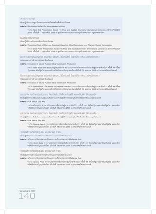 รายงานประจำ�ปี 2559
140
ลัพธ์พร วยาจุต
ห้องปฏิบัติการวัสดุนาโนเฉพาะทางและโครงสร้างพื้นผิว/นาโนเทค
ผลงาน:	Bio-inspired surface for slow-released fertilizer
	 รางวัล Best Oral Presentation Award จาก Pure and Applied Chemistry International Conference 2016 (PACCON
2016) เมื่อวันที่ 11 กุมภาพันธ์ 2559 ณ ศูนย์นิทรรศการและการประชุมไบเทคบางนา กรุงเทพมหานคร
มนัสชัย คุณาเศรษฐ
ห้องปฏิบัติการคำ�นวณระดับนาโน/นาโนเทค
ผลงาน:	Theoretical Study of Mercury Adsorbent Based on Metal Nanocluster and Titanium Dioxide Composites
	 รางวัล Best Poster Presentation Award จาก Pure and Applied Chemistry International Conference 2016 (PACCON
2016) เมื่อวันที่ 11 กุมภาพันธ์ 2559 ณ ศูนย์นิทรรศการและการประชุมไบเทคบางนา กรุงเทพมหานคร
ปิยะดา สุวรรณดิษฐากุล, สุริยกมล มณฑา, วีนัสรินทร์ อินทร์ติยะ และฉวีวรรณ คงแก้ว
หน่วยเฉพาะทางด้านยางธรรมชาติ/เอ็มเทค
ผลงาน:	Innovation of Natural Rubber-Silica Masterbatch Production
	 รางวัล Gold Medal with the Congratulation of the Jury จากงานนิทรรศการสิ่งประดิษฐ์นานาชาติเจนีวา ครั้งที่ 44 จัดโดย
รัฐบาลสมาพันธรัฐสวิส และองค์กรทรัพย์สินทางปัญญาแห่งโลกเมื่อวันที่ 13 เมษายน 2559 ณ ประเทศสวิตเซอร์แลนด์
ปิยะดา สุวรรณดิษฐากุล, สุริยกมล มณฑา, วีนัสรินทร์ อินทร์ติยะ และฉวีวรรณ คงแก้ว
หน่วยเฉพาะทางด้านยางธรรมชาติ/เอ็มเทค
ผลงาน:	Innovation of Natural Rubber-Silica Masterbatch Production
	 รางวัล Special Prize “Firi Award for the Best Invention” จากงานนิทรรศการสิ่งประดิษฐ์นานาชาติเจนีวา ครั้งที่ 44 จัดโดย
รัฐบาลสมาพันธรัฐสวิส และองค์กรทรัพย์สินทางปัญญาแห่งโลกเมื่อวันที่ 13 เมษายน 2559 ณ ประเทศสวิตเซอร์แลนด์
อรประไพ คชนันทน์, อรวรรณ หิมานันโต, มัลลิกา กำ�ภูศิริ และเพลินพิศ ลักษณะนิล
ห้องปฏิบัติการผลิตโมโนโคลนอลแอนติบอดี และห้องปฏิบัติการระบบจุลินทรีย์เพื่อผลิตชีวโมเลกุล/ไบโอเทค
ผลงาน:	Fruit Blotch Easy Kits
	 รางวัลเหรียญเงิน จากงานนิทรรศการสิ่งประดิษฐ์นานาชาติเจนีวา ครั้งที่ 44 จัดโดยรัฐบาลสมาพันธรัฐสวิส และองค์กร
ทรัพย์สินทางปัญญาแห่งโลก เมื่อวันที่ 13 เมษายน 2559 ณ ประเทศสวิตเซอร์แลนด์
อรประไพ คชนันทน์, อรวรรณ หิมานันโต, มัลลิกา กำ�ภูศิร และเพลินพิศ ลักษณะนิล
ห้องปฏิบัติการผลิตโมโนโคลนอลแอนติบอดี และห้องปฏิบัติการระบบจุลินทรีย์เพื่อผลิตชีวโมเลกุล/ไบโอเทค
ผลงาน:	Fruit Blotch Easy Kits
	 รางวัล Special Award จากงานนิทรรศการสิ่งประดิษฐ์นานาชาติเจนีวา ครั้งที่ 44 จัดโดยรัฐบาลสมาพันธรัฐสวิส และองค์กร
ทรัพย์สินทางปัญญาแห่งโลก เมื่อวันที่ 13 เมษายน 2559 ณ ประเทศสวิตเซอร์แลนด์
วรรณสิกา เกียรติปฐมชัย และจันทนา คำ�ภีระ
ห้องปฏิบัติการเทคโนโลยีวิศวกรรมชีวภาพและการตรวจวัด/ไบโอเทค
ผลงาน:	เครื่องตรวจวัดอะฟลาทอกซินแบบรวดเร็วขนาดพกพา (AflaSense Plus)
	 รางวัล Gold Medal จากงานนิทรรศการสิ่งประดิษฐ์นานาชาติเจนีวา ครั้งที่ 44 จัดโดยรัฐบาลสมาพันธรัฐสวิส และองค์กร
ทรัพย์สินทางปัญญาแห่งโลก เมื่อวันที่ 13 เมษายน 2559 ณ ประเทศสวิตเซอร์แลนด์
วรรณสิกา เกียรติปฐมชัย และจันทนา คำ�ภีระ
ห้องปฏิบัติการเทคโนโลยีวิศวกรรมชีวภาพและการตรวจวัด/ไบโอเทค
ผลงาน:	เครื่องตรวจวัดอะฟลาทอกซินแบบรวดเร็วขนาดพกพา (AflaSense Plus)
	 รางวัล Special Prize จากงานนิทรรศการสิ่งประดิษฐ์นานาชาติเจนีวา ครั้งที่ 44 จัดโดยรัฐบาลสมาพันธรัฐสวิส และองค์กร
ทรัพย์สินทางปัญญาแห่งโลก เมื่อวันที่ 13 เมษายน 2559 ณ ประเทศสวิตเซอร์แลนด์
 