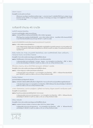 รายงานประจำ�ปี 2559
142
มัตถกา คงขาว
ห้องปฏิบัติการนาโนเวชสำ�อาง/นาโนเทค
	 ได้รับพระมหากรุณาธิคุณจากสมเด็จพระเทพรัตนราชสุดา ฯ สยามบรมราชกุมารี ทรงคัดเลือกให้เข้าร่วมงาน Global Young
Scientists Summit (GYSS) ณ The Singapore University of Technology and Design สาธารณรัฐสิงคโปร์ ระหว่างวันที่
11-17 มกราคม 2559
ระดับชาติ จำ�นวน 45 รางวัล
สมศักดิ์ พลอยพานิชเจริญ
หน่วยบริการเทคโนโลยีเพื่อการพัฒนาชนบท/ไบโอเทค
ผลงาน:	การประยุกต์ใช้วิทยาศาสตร์และเทคโนโลยีเพื่อการจัดการทรัพยากรฐานชุมชน
	 ได้รับปริญญาวิทยาศาสตร์มหาบัณฑิตกิตติมศักดิ์ สาขาการจัดการทรัพยากรชีวภาพ คณะทรัพยากรชีวภาพและเทคโนโลยี
จากมหาวิทยาลัยเทคโนโลยีพระจอมเกล้าธนบุรี เมื่อวันที่ 11 พฤศจิกายน 2558
ศูนย์เทคโนโลยีอิเล็กทรอนิกส์และคอมพิวเตอร์แห่งชาติ (เนคเทค)
ผลงาน:	การจัดการพลังงานและอนุรักษ์พลังงาน
	 รางวัล Thailand Energy Awards 2015 ประเภทผู้ส่งเสริมการอนุรักษ์พลังงานและพลังงานทดแทน จากกระทรวงพลังงาน ใน
งานมอบรางวัล สุดยอดรางวัลด้านพลังงานไทยสู่ระดับสากล เมื่อวันที่ 24 พฤศจิกายน 2558 ณ โรงแรมอินเตอร์คอนติเนนตัล
กรุงเทพมหานคร
ศิขริน ศรโชติ, ปิยะ คำ�สุข, อำ�นวยศักดิ์ เจียรไพโรจน์, วนิดา พงศ์ศักดิ์สวัสดิ์, โฆษิต วงค์ปิ่นแก้ว,
วิษณุพงษ์ คนแรง และเอกรัตน์ ไวยนิตย์
ห้องปฏิบัติการวิเคราะห์ความเสียหายของวัสดุและเทคโนโลยีพื้นผิว/เอ็มเทค
ผลงาน:	ปัจจัยที่ส่งผลต่อการกัดกร่อนของเหล็กกล้าในบรรยากาศชายฝั่งทะเลของไทย
	 รางวัลรองชนะเลิศการประกวดโปสเตอร์ Corrosion Session จากการประชุมวิชาการทางโลหะวิทยา ครั้งที่ 9 จัดโดย
มหาวิทยาลัยเทคโนโลยีสุรนารี เมื่อวันที่ 27 พฤศจิกายน 2558 ณ ชาโต เดอ เขาใหญ่ จังหวัดนครราชสีมา
ศิริวรรณ อ่วมปาน, สยาม แก้วคำ�ไสย์ และณมุรธา สถิรจินดา พอลสัน
ห้องปฏิบัติการวิเคราะห์ความเสียหายของวัสดุและเทคโนโลยีพื้นผิว/เอ็มเทค
ผลงาน:	การวิเคราะห์รูปแบบการเสียหายของท่อลดความร้อนยิ่งยวด
	 รางวัลรองชนะเลิศการประกวดโปสเตอร์ จากการประชุมวิชาการทางโลหะวิทยา ครั้งที่ 9 จัดโดยมหาวิทยาลัยเทคโนโลยี
สุรนารี เมื่อวันที่ 27 พฤศจิกายน 2558 ณ ชาโต เดอ เขาใหญ่ จังหวัดนครราชสีมา
กิตติชัย โศจิพันธุ์
ศูนย์เทคโนโลยีโลหะและวัสดุแห่งชาติ (เอ็มเทค)
ผลงาน:	เทคโนโลยีการพิมพ์สามมิติด้วยคลื่นเสียงความถี่สูงสำ�หรับการออกแบบโครงสร้างและคุณสมบัติของอะลูมิเนียมอัลลอยด์
	 รางวัล Best Poster Award จากการประชุมวิชาการทางโลหะวิทยา ครั้งที่ 9 จัดโดยมหาวิทยาลัยเทคโนโลยีสุรนารี เมื่อวันที่ 27
พฤศจิกายน 2558 ณ ชาโต เดอ เขาใหญ่ จังหวัดนครราชสีมา
นาตยา ต่อแสงธรรม, มนภาส มรกฎจินดา, รุ่งทิพย์ กระต่ายทอง, ธัญพร ยอดแก้ว และเรืองเดช ธงศรี
ห้องปฏิบัติการยานยนต์/เอ็มเทค
ผลงาน:	ซินเตอริงแบบเฟสของเหลวชนิดใหม่สำ�หรับ TiC-Ni Cermet
	 รางวัลรองชนะเลิศการประกวดการนำ�เสนอบทความ จากการประชุมวิชาการทางโลหะวิทยา ครั้งที่ 9 จัดโดยมหาวิทยาลัย
เทคโนโลยีสุรนารี เมื่อวันที่ 27 พฤศจิกายน 2558 ณ ชาโต เดอ เขาใหญ่ จังหวัดนครราชสีมา
ปิติชน กล่อมจิต
ห้องปฏิบัติการวิเคราะห์ความเสียหายของวัสดุและเทคโนโลยีพื้นผิว/เอ็มเทค
ผลงาน:	Localized Corrosion Inhibition of Aluminum alloys 7075-T6 by Calsium Sulfate
	 รางวัลชนะเลิศการประกวดการนำ�เสนอบทความ จากการประชุมวิชาการทางโลหะวิทยา ครั้งที่ 9 จัดโดยมหาวิทยาลัย
เทคโนโลยีสุรนารี เมื่อวันที่ 27 พฤศจิกายน 2558 ณ ชาโต เดอ เขาใหญ่ จังหวัดนครราชสีมา
 