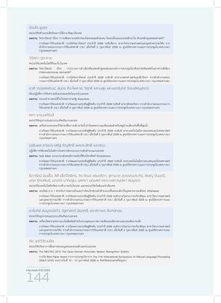 รายงานประจำ�ปี 2559
144
ต้องใจ ชูขจร
หน่วยวิจัยด้านประสิทธิผลการใช้งานวัสดุ/เอ็มเทค
ผลงาน:	วิทยานิพนธ์ เรื่อง “การเพิ่มความเสถียรของโลหะผสมทังสเตน-ไทเทเนี่ยมแบบผงผลึกนาโน ด้วยหลักอุณหพลศาสตร์”
	 รางวัลสภาวิจัยแห่งชาติ: รางวัลวิทยานิพนธ์ ประจําปี 2558 ระดับดีมาก สาขาวิศวกรรมศาสตร์และอุตสาหกรรมวิจัย จาก
สำ�นักงานคณะกรรมการวิจัยแห่งชาติ (วช.) เมื่อวันที่ 2 กุมภาพันธ์ 2559 ณ ศูนย์นิทรรศการและการประชุมไบเทคบางนา
กรุงเทพมหานคร
วิรัลดา ภูตะคาม
หน่วยวิจัยเทคโนโลยีจีโนม/ไบโอเทค
ผลงาน:	วิทยานิพนธ์ เรื่อง “กระบวนการลำ�เลียงซัลเฟตเข้าสู่เซลล์และกลไกการควบคุมโปรตีนนำ�ส่งซัลเฟตในสาหร่ายสีเขียว
Chlamydomonas reinhardtii”
	 รางวัลสภาวิจัยแห่งชาติ: รางวัลวิทยานิพนธ์ ประจําปี 2558 ระดับดี สาขาเกษตรศาสตร์และชีววิทยา จากสำ�นักงานคณะ
กรรมการวิจัยแห่งชาติ (วช.) เมื่อวันที่ 2 กุมภาพันธ์ 2559 ณ ศูนย์นิทรรศการและการประชุมไบเทคบางนา กรุงเทพมหานคร
ชาลี วรกุลพิพัฒน์, สุนทร ศิระไพศาล, วิศุทธิ์ แสวงสุข และเอกฉันทร์ รัตนเลิศนุสรณ์
ห้องปฏิบัติการวิจัยความมั่นคงปลอดภัยไซเบอร์/เนคเทค
ผลงาน:	ระบบนำ�ทางคนไข้ในโรงพยาบาลรัฐ (EasyHos)
	 รางวัลสภาวิจัยแห่งชาติ: รางวัลผลงานประดิษฐ์คิดค้น ประจําปี 2559 ระดับดี สาขาสังคมวิทยา จากสำ�นักงานคณะกรรมการ
วิจัยแห่งชาติ (วช.) เมื่อวันที่ 2 กุมภาพันธ์ 2559 ณ ศูนย์นิทรรศการและการประชุมไบเทคบางนา กรุงเทพมหานคร
คทา จารุวงศ์รังสี
หน่วยวิจัยอุปกรณ์และระบบอัจฉริยะ/เนคเทค
ผลงาน:	เครือข่ายเซนเซอร์ไร้สายเพื่อการเฝ้าระวังน้ำ�ป่าไหลหลากและดินถล่มสำ�หรับหมู่บ้านเสี่ยงภัยพื้นที่ลุ่มน้ำ�
	 รางวัลสภาวิจัยแห่งชาติ: รางวัลผลงานประดิษฐ์คิดค้น ประจําปี 2559 ระดับดี สาขาเทคโนโลยีสารสนเทศและนิเทศศาสตร์
จากสำ�นักงานคณะกรรมการวิจัยแห่งชาติ (วช.) เมื่อวันที่ 2 กุมภาพันธ์ 2559 ณ ศูนย์นิทรรศการและการประชุมไบเทคบางนา
กรุงเทพมหานคร
เฉลิมพล สายประเสริฐ ธัญสิทธิ์ ผลประสิทธิ์ และคณะ
ปฏิบัติการวิจัยเทคโนโลยีการวิเคราะห์กระบวนการเชิงคำ�นวณ/เนคเทค
ผลงาน:	Safe Mate ระบบประเมินพฤติกรรมขับขี่ด้วยโทรศัพท์ Smartphone
	 รางวัลสภาวิจัยแห่งชาติ: รางวัลผลงานประดิษฐ์คิดค้น ประจําปี 2559 ระดับดี สาขาเทคโนโลยีสารสนเทศและนิเทศศาสตร์
จากสำ�นักงานคณะกรรมการวิจัยแห่งชาติ (วช.) เมื่อวันที่ 2 กุมภาพันธ์ 2559 ณ ศูนย์นิทรรศการและการประชุมไบเทคบางนา
กรุงเทพมหานคร
ธิดารัตน์ นิ่มเชื้อ, ลิลี่ เอื้อวิไลจิตร, วีระวัฒน์ แช่มปรีดา, จุฑามาส สุวรรณประทีป, พิษณุ ปิ่นมณี,
นกุล รัตนพันธ์, มณฑล นาคปฐม, นุชศรา นฤมลต์ และนางสาวบุปผา สมบูรณ์
หน่วยวิจัยเทคโนโลยีทรัพยากรชีวภาพ/ไบโอเทค และหน่วยวิจัยโพลิเมอร์/เอ็มเทค
ผลงาน:	เอนไซม์ 2 in 1 สำ�หรับการลอกแป้งและกำ�จัดแว๊กซ์บนผ้าฝ้ายแบบขั้นตอนเดียวในอุตสาหกรรมสิ่งทอ (ENZease)
	 รางวัลสภาวิจัยแห่งชาติ: รางวัลผลงานประดิษฐ์คิดค้น ประจําปี 2559 ระดับรางวัลประกาศเกียรติคุณ สาขาวิศวกรรมศาสตร์
และอุตสาหกรรมวิจัย จากสำ�นักงานคณะกรรมการวิจัยแห่งชาติ (วช.) เมื่อวันที่ 2 กุมภาพันธ์ 2559 ณ ศูนย์นิทรรศการและ
การประชุมไบเทคบางนา กรุงเทพมหานคร
อาโมทย์ สมบูรณ์แก้ว, รัฐศาสตร์ อัมฤทธิ์, และสถาพร จันทน์หอม
หน่วยวิจัยอุปกรณ์และระบบอัจฉริยะ/เนคเทค
ผลงาน:	เครื่องวัดความหนาแบบไม่สัมผัสสำ�หรับควบคุมคุณภาพการผลิตเลนส์สายตาและเลนส์ขนาดเล็ก
	 รางวัลสภาวิจัยแห่งชาติ: รางวัลผลงานประดิษฐ์คิดค้น ประจําปี 2559 ระดับรางวัลประกาศเกียรติคุณ สาขาวิศวกรรมศาสตร์
และอุตสาหกรรมวิจัย จากสำ�นักงานคณะกรรมการวิจัยแห่งชาติ (วช.) เมื่อวันที่ 2 กุมภาพันธ์ 2559 ณ ศูนย์นิทรรศการและ
การประชุมไบเทคบางนา กรุงเทพมหานคร
ชัย วุฒิวิวัฒน์ชัย
หน่วยวิจัยวิทยาการสื่อสารของมนุษย์และคอมพิวเตอร์/เนคเทค
ผลงาน:	The NECTEC 2015 Thai Open-Domain Automatic Speech Recognition System
	 รางวัล Best Paper Award จากการประชุมวิชาการ The 11th International Symposium on Natural Language Processing
(SNLP 2016) ระหว่างวันที่ 10 - 12 กุมภาพันธ์ 2559 ณ จังหวัดพระนครศรีอยุธยา
 