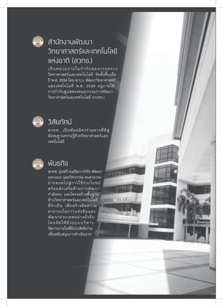 วิสัยทัศน์
สวทช. เป็นพันธมิตรร่วมทางที่ดีสู่
สังคมฐานความรู้ด้วยวิทยาศาสตร์และ
เทคโนโลยี
พันธกิจ
สวทช. มุ่งสร้างเสริมการวิจัย พัฒนา
ออกแบบ และวิศวกรรม จนสามารถ
ถ่ายทอดไปสู่การใช้ประโยชน์
พร้อมส่งเสริมด้านการพัฒนา
กำ�ลังคน และโครงสร้างพื้นฐาน
ด้านวิทยาศาสตร์และเทคโนโลยี
ที่จำ�เป็น เพื่อสร้างขีดความ
สามารถในการแข่งขันและ
พัฒนาประเทศอย่างยั่งยืน
โดยจัดให้มีระบบบริหาร
จัดการภายในที่มีประสิทธิภาพ
เพื่อสนับสนุนการดำ�เนินงาน
สำ�นักงานพัฒนา
วิทยาศาสตร์และเทคโนโลยี
แห่งชาติ (สวทช.)
เป็นหน่วยงานในกำ�กับของกระทรวง
วิทยาศาสตร์และเทคโนโลยี จัดตั้งขึ้นเมื่อ
ปี พ.ศ. 2534 โดย พ.ร.บ. พัฒนาวิทยาศาสตร์
และเทคโนโลยี พ.ศ. 2534 อยู่ภายใต้
การกำ�กับดูแลของคณะกรรมการพัฒนา
วิทยาศาสตร์และเทคโนโลยี (กวทช.)
 