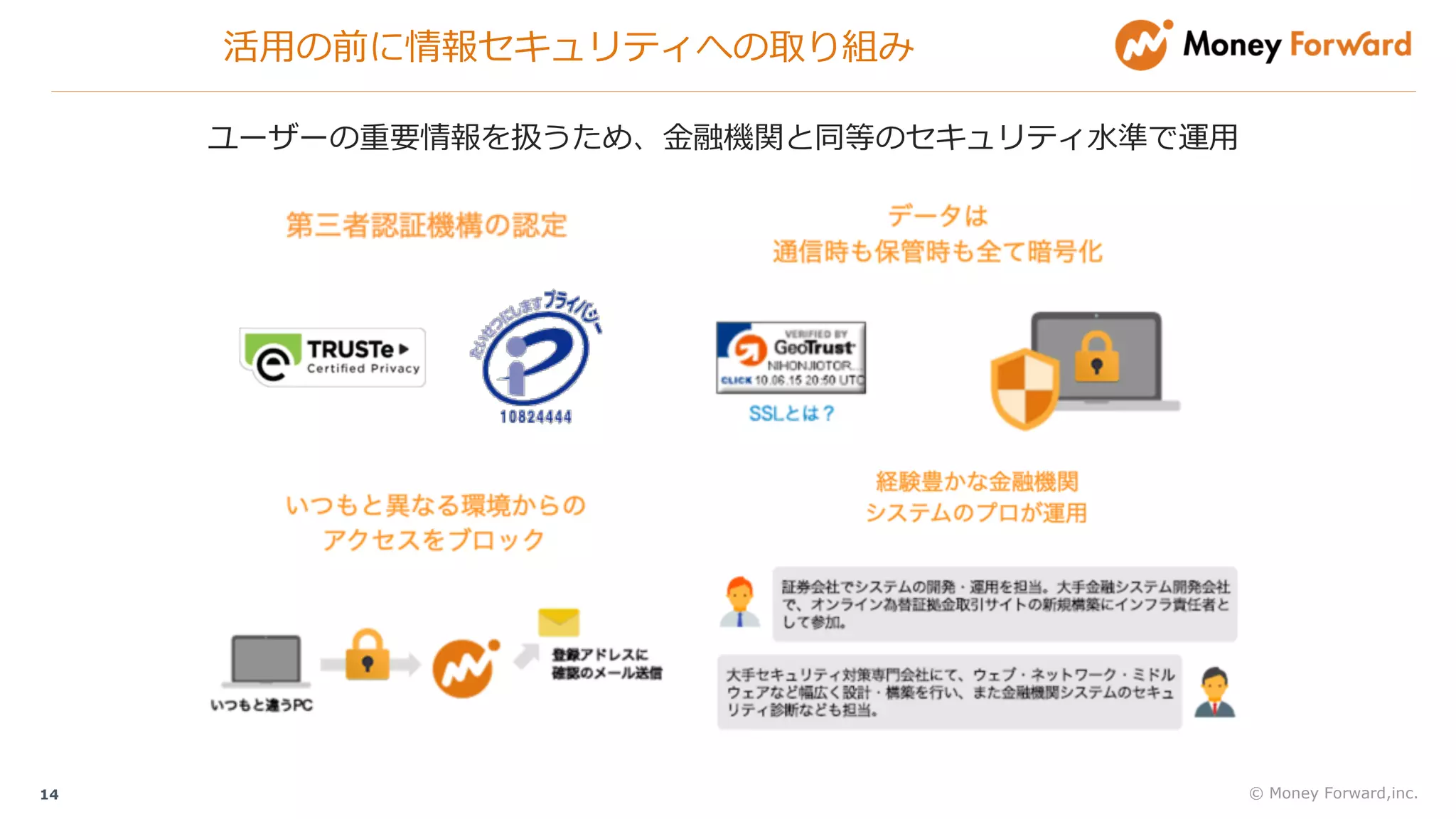 活⽤の前に情報セキュリティへの取り組み
© Money Forward,inc.14
ユーザーの重要情報を扱うため、⾦融機関と同等のセキュリティ⽔準で運⽤
 