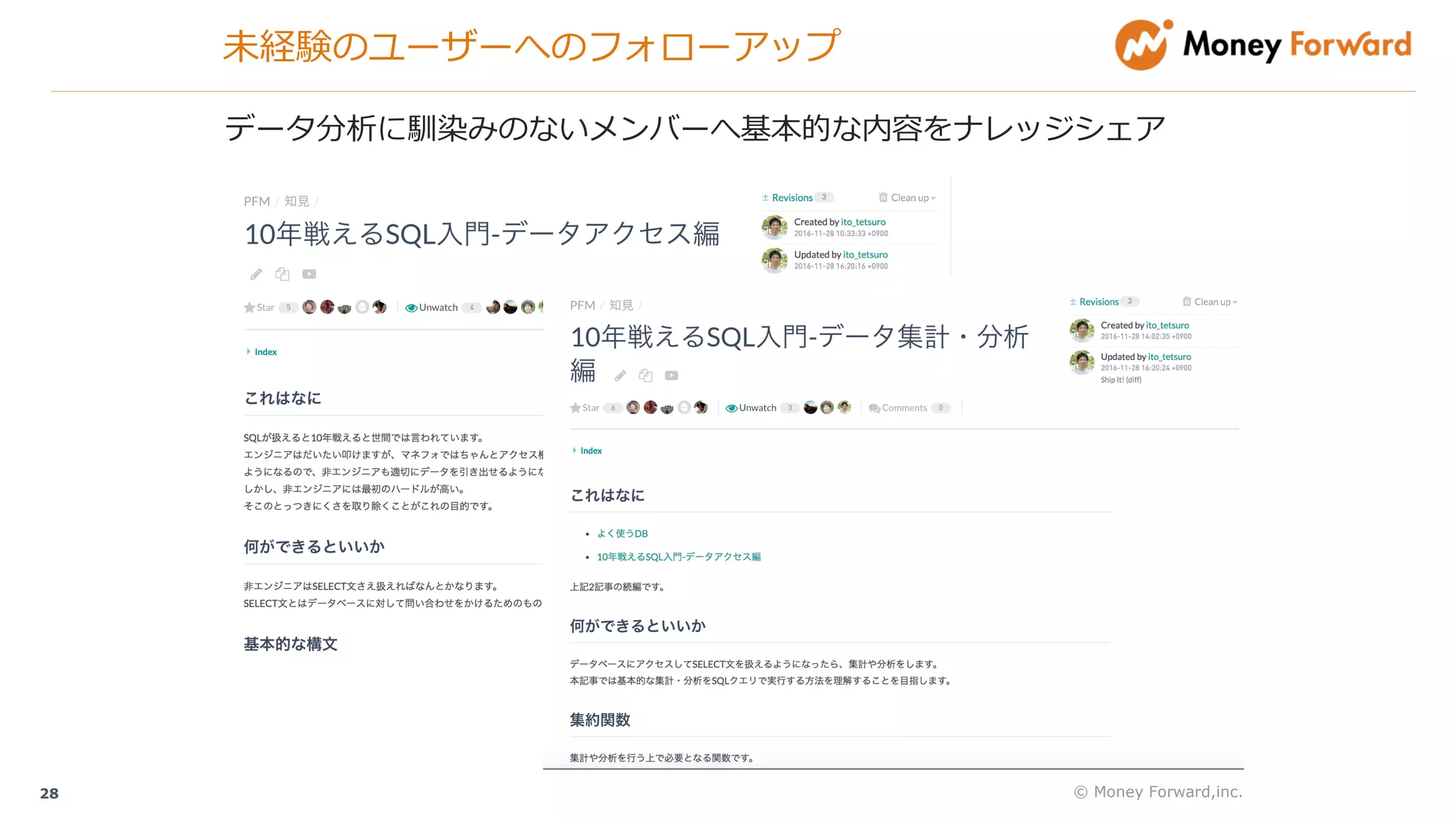 未経験のユーザーへのフォローアップ
28 © Money Forward,inc.
データ分析に馴染みのないメンバーへ基本的な内容をナレッジシェア
 