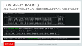 Copyright © 2017, Oracle and/or its affiliates. All rights reserved.
JSON_ARRAY_INSERT ()
40
JSONドキュメントを更新し、ドキュメント内の配列に挿入し変更されたその結果を返します
[NEW57]> select * from T_JSON_DOC;
+----+------------------------------------------------------------------------------+------------+
| id | body | price_only |
+----+------------------------------------------------------------------------------+------------+
| 1 | {“id”: 1, “name”: “自転車”, “price”: 10000, “Conditions”: [“NEW”, 2015]} | 10000.00 |
| 2 | {"id": 2, "name": "テレビ", "price": 30000, "Conditions": ["USED",2013]} | 30000.00 |
| 3 | {"id": 3, "name": "冷蔵庫", "price": 11154, "Conditions": ["NEW", 2015]} | 11154.00 |
| 4 | {"id": 4, "name": "冷蔵庫", "price": 50000, "Conditions": ["NEW", 2015]} | 50000.00 |
| 5 | {"id": 5, "name": "自転車", "price": 25000, "Conditions": ["NEW", 2015]} | 25000.00 |
+----+------------------------------------------------------------------------------+------------+
SELECT JSON_ARRAY_INSERT(body,'$.Conditions[2]','January') from T_JSON_DOC where id = 5;
+----------------------------------------------------------------------------------------+
| JSON_ARRAY_INSERT(body,'$.Conditions[2]','January') |
+----------------------------------------------------------------------------------------+
| {"id": 5, "name": "自転車", "price": 25000, "Conditions": ["NEW", 2015, "January"]} |
+----------------------------------------------------------------------------------------+
[NEW57]> update T_JSON_DOC set body = JSON_ARRAY_INSERT(body,'$.Conditions[2]','January') where id = 5;
 