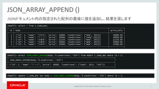 Copyright © 2017, Oracle and/or its affiliates. All rights reserved.
JSON_ARRAY_APPEND ()
41
JSONドキュメント内の指定された配列の最後に値を追加し、結果を返します
[NEW57]> select * from T_JSON_DOC;
+----+------------------------------------------------------------------------------+------------+
| id | body | price_only |
+----+------------------------------------------------------------------------------+------------+
| 1 | {“id”: 1, “name”: “自転車”, “price”: 10000, “Conditions”: [“NEW”, 2015]} | 10000.00 |
| 2 | {"id": 2, "name": "テレビ", "price": 30000, "Conditions": ["USED",2013]} | 30000.00 |
| 3 | {"id": 3, "name": "冷蔵庫", "price": 11154, "Conditions": ["NEW", 2015]} | 11154.00 |
| 4 | {"id": 4, "name": "冷蔵庫", "price": 50000, "Conditions": ["NEW", 2015]} | 50000.00 |
| 5 | {"id": 5, "name": "自転車", "price": 25000, "Conditions": ["NEW", 2015]} | 25000.00 |
+----+------------------------------------------------------------------------------+------------+
[NEW57]> select JSON_ARRAY_APPEND(body,'$.Conditions','故障') from NEW57.T_JSON_DOC where id = 2;
+----------------------------------------------------------------------------------------+
| JSON_ARRAY_APPEND(body,'$.Conditions','故障') |
+----------------------------------------------------------------------------------------+
| {"id": 2, "name": "テレビ", "price": 30000, "Conditions": ["USED", 2013, "故障"]} |
+----------------------------------------------------------------------------------------+
[NEW57]> update T_JSON_DOC set body = JSON_ARRAY_APPEND(body,'$.Conditions','故障') where id = 2;
 