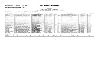 6ème
Course – Départ : 17 h. 00 PRIX ROBERT SIONNEAU
Paris Simples, Couplés, Trio
Course F
16.000. - Attelé, femelles. - 2.825 mètres.
7.200, 4.000, 2.240, 1.280, 800, 320, 160.- alloués par la S.E.C.F.
Pour juments de 5 ans, n’ayant pas gagné 50.000. - Recul de 25 m. à 25.000.
Propriétaires Couleurs Chevaux Gains Jockeys Origines ♦ Eleveurs Entraîneurs Performances
C. BEDEL................................ Bleu-cl, brass. et écharpe noirs, t. noire, coutures bleu-cl. ..........................20AC0=284==4B0GÐÐ........ 19 820 C. BEDEL.................... 2.825 F. b. 5 In Love With You et Sweet Topaze ♦ St. PERRAUD........................C. BEDEL................................D. 4. 0. (16) 0. 0. 1.
R. CHANONAT ............................!Chevronnée jaune et vert, m. jaunes, t. écart. marron et
vert. ................................................................................................
!270A4DB414;A8ÐÑ................. 19 890 B. CHANONAT............... - F. n.pan 5 Quel Amour Dudel et Olankie ♦ Christian CHANONAT....................!B. CHANONAT..............................8. 3. 8. 4. R. 0.
Ec. Stéphane BOURLIER............Verte, brassards et ceinture bleus, t. verte. ................................270A4DB4;D38B4ÑÐ........... 22 260 S. BOURLIER ................ - F. b. 5 Giant Cat et Samba Ludoise ♦ S. BOURLIER ................................................................ S. BOURLIER................................D. 7. 8. 4. 3. D.
G. BORDE................................ #Bleue, m. et t. vertes. ................................................................#2860;43D7D;4ÐÐ............... 23 020 D. LIZEE.......................* - F. b. 5 Kallighan et Megane de Joudes ♦ J.CL. LEFEVRE ................................................................#Y. LIZEE ................................4. 6. 3. 6. R. 0.
G. LESSIEU................................$Bleu-foncé, étoile blanche, t. damier blanc et bleu.............................$2AHBC0;68A;................................  23 940 G. LESSIEU ................ - F. al.cr.lv 5 Gobernador et Killing Girl ♦ J.CL. ROTTIER................................ $G. LESSIEU................................2. D. 1. (16) D. 2. 3.
A.F. BIGEON ...............................%Blanche, brassards, écharpe et t. bleus.................................%20A;H=10A14B..........................  24 300 F. BOUDET................. - F. b. 5 Ni Ho Ped d'Ombree et Ranou Barbes ♦ CH. BIGEON .........................................................%CH. BIGEON ................................D. D. 5. 6. 3. (16) 8m
Loic GROUSSARD......................Mi-noir, mi-vert, t. noire.................................................................270=4;;434:0A0.......................  24 300 LOIC GROUSSARD ...... - F. b. 5 Quirky Jet et Petite Cara ♦ TH. FOLLENFANT ................................................................ LOIC GROUSSARD......................6. 5. 0. 7. 3. 0.
Ecurie Franck BLANDIN..............'Verte, brassards et chevron rouges, t. noire.................................'20;8=4F8;;80BÐÐ............ (E)  24 720 F. BLANDIN................. - F. al. 5 Overtrick et Ralna de Montmarce ♦ Jean GAUDET ................................................................'F. BLANDIN................................9. 0. 7. 2. 2. 1.
Ec. Christian BOISNARD ..................(Verte, brassards et écharpe jaunes, t. verte.................................(2038=46D4A=4E4IÐÐ............... 24 880 A.PH. GRIMAULT.......... - F. n.pan 5 Norman Jet et Novie du Tremblay ♦ S.C.E.A. Ecurie de BOT ONN .....................(CH. BOISNARD ............................0. 8. 7. 6. 7. 6.
J. PLANCQUEEL.........................Rouge, écharpe grise, t. rouge............................................................24?7A0..........................................  41 570 W. MICHEL ................. 2.850 F. al. 5 Sun Ceravin et Melia Clairchamp ♦ Ecurie HORSEWAY...........................W. MICHEL................................0. 3. 5. 8. 6. D.
Ec. Arnaud DESMOTTES ........... Chevronnée bl-cl et marron, m. marron, t. écart. bl-cl et marron............................20?D28=434B?A4B.....................  45 060 ARNAUD DESMOTTES.... - F. b. 5 Oakwood du Closet et Rima des Pres ♦ Bernard Clément GOUGEON ...........................ARNAUD DESMOTTES ..................D. 5. D. Am 3. D.
S. PRIOUL ................................ !Verte, étoile violette, t. verte, étoiles violettes.................................!2;E4;H20C7ÐÐ..................... 45 650 J.PH. MONCLIN............. - F. al.br. 5 So Lovely Girl et Queen de Codiere ♦ TH. DEUIL ................................................................!S. PRIOUL................................9. 3. 7. 7. 8. 4.
Ecurie de L’ANGERIE..................Bleu-fcé, épaul.jaunes, m. vertes, coutures et t. jaunes...............................2;D180........................................  46 580 D. KEMPENEERS ...........* - F. b. 5 Hulk des Champs et Ok Streisand ♦ Mme M.M. LEBRUN.........................P. ANGELIAUME ..........................D. 9. 0. D. D. 2.
J. BESCHER................................#Écart. bl-clr et vert, m. mi-bl-clr, mi- vert,t. damier bl-clr et ve................................#2H14;4342;?40DÐÐ.............. 46 840 J. BESCHER............... - F. al. 5 RedlightJet et Qualine de Clopeau ♦ M. TROU ................................................................ #J. BESCHER ................................5. 9. 6. 2. 6. 1.
B.R. PLAIRE ................................$Bleue, épaul.noires, m. bleues, coutures et t. noires.................................$20;;0B340AIH........................  47 210 F. GENCE ................... - F. b. 5 Lynx de Bellouet et Sultane de Marzy ♦ Gilles MONGAUDON .................$B.R. PLAIRE................................8. D. 6. 1. 4. 4.
Y. DOUSSET ...............................%Bleu-fcé, brass. et épaul.jaunes, t. bl-fcé,coutures jaunes...........................%20==4;;434C4A=0HÐÐ........... 49 160 B. CHUPIN.................. - F. b. 5 Corot et Karlotta de Ternay ♦ Daniel Gérard KAKONYI.............................%Y. DOUSSET................................D. 3. 3. 4. 4. 2.
Ecurie Franck BLANDIN..............Verte, brassards et chevron rouges, t. noire.................................28==0341A8DI4................... (E)  49 740 M. BEZIER .................. - F. al. 5 RedlightJet et Fleurde Savane ♦ G. LANDEMAINE ..............................................................F. BLANDIN................................9. 0. 8. 9. 0. 8.
Mlle Cl. MINIER ...........................'Rouge, coutures grises, m. damier gris et rge, t. rouge. ..............................'20;303DE8E84AÑÐ..................... 49 960 R. CONGARD..............* - F. n.pan 5 Scipion du Goutier et Kate du Vivier ♦ Ecurie Jean Yves LECUYER ...................'J.M. BAZIRE................................2. 4. 3. 1. 1. 1.
88 Engts - 59 forf. - 7 N.D.P. - 3 Elim.
Arrivée : 1er ............... 2e ............... 3e ............... 4e ............... 5e ............... 6e ............... 7e ............... 8e ............... 9e ............... 10e ............... - Mutuel : G ............... P ............... ............... ............... - PJ : G ............... P ............... ............... ............... - Trio ...............
 