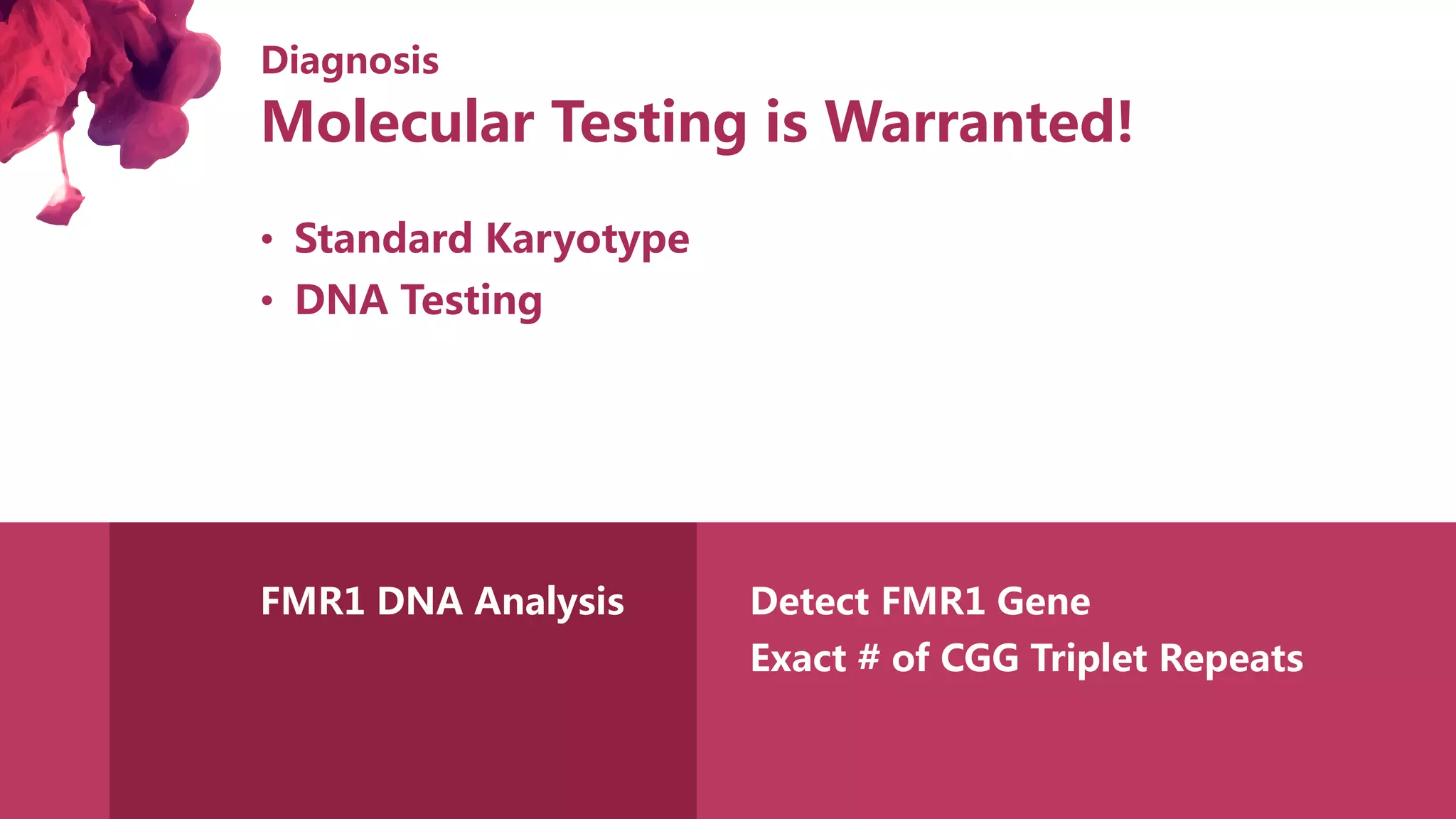 Diagnosis
• Standard Karyotype
• DNA Testing
FMR1 DNA Analysis Detect FMR1 Gene
Exact # of CGG Triplet Repeats
Molecular Testing is Warranted!
 