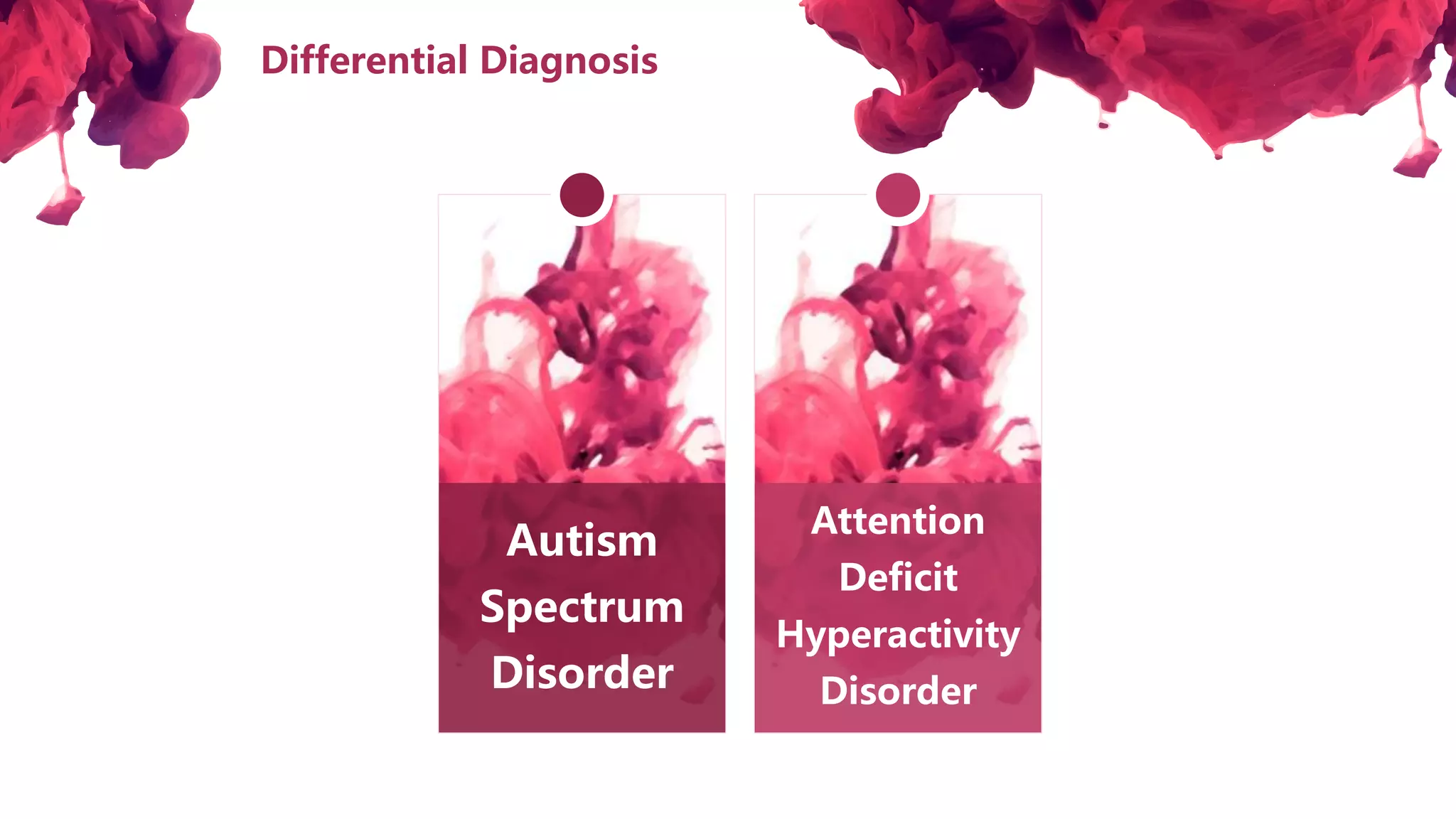 Differential Diagnosis
Autism
Spectrum
Disorder
Attention
Deficit
Hyperactivity
Disorder
标题数字等都可以通过点击和
重新输入进行更改，顶部“开
始”面板中可以对字体、字号、
颜色、行距等进行修改。
击此处添加标题
 
