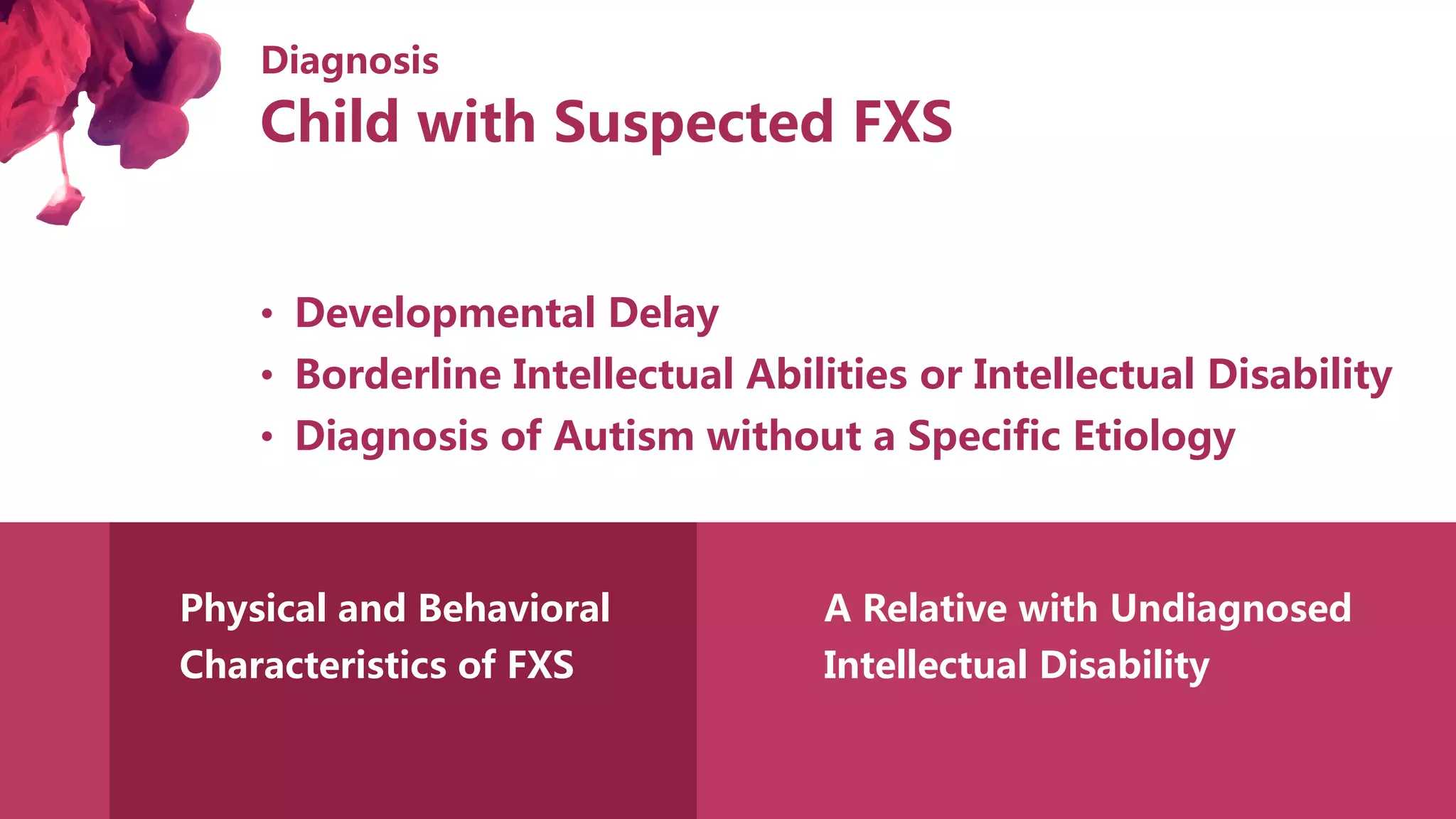 Diagnosis
• Developmental Delay
• Borderline Intellectual Abilities or Intellectual Disability
• Diagnosis of Autism without a Specific Etiology
Physical and Behavioral
Characteristics of FXS
A Relative with Undiagnosed
Intellectual Disability
Child with Suspected FXS
 