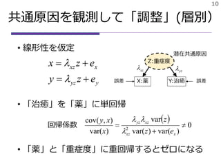 共通原因を観測して「調整」(層別）
• 線形性を仮定
• 「治癒」を「薬」に単回帰
• 「薬」と「重症度」に重回帰するとゼロになる
10
X:薬 Y:治癒
Z:重症度
潜在共通原因
誤差 誤差yyz
xxz
ezy
ezx




 
0
)var()var(
var
)var(
),cov(
2



xxz
xzyz
ez
z
x
xy


xz yz
回帰係数
 