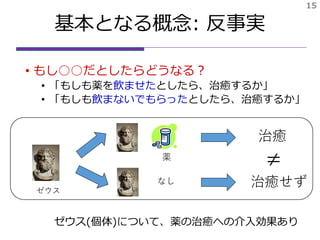 基本となる概念: 反事実
• もし○○だとしたらどうなる？
• 「もしも薬を飲ませたとしたら、治癒するか」
• 「もしも飲まないでもらったとしたら、治癒するか」
15
薬
治癒
治癒せずなし

ゼウス
ゼウス(個体)について、薬の治癒への介入効果あり
 