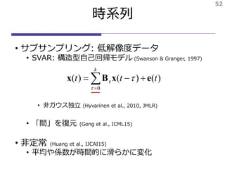 時系列
• サブサンプリング: 低解像度データ
• SVAR: 構造型自己回帰モデル (Swanson & Granger, 1997)
• 非ガウス独立 (Hyvarinen et al., 2010, JMLR)
• 「間」を復元 (Gong et al., ICML15)
• 非定常 (Huang et al., IJCAI15)
• 平均や係数が時間的に滑らかに変化
)()()(
0
ttt
k
exBx  
 
52
 