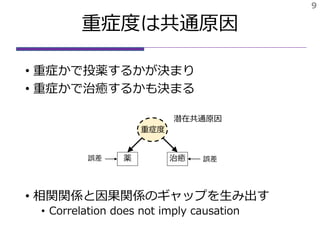 • 重症かで投薬するかが決まり
• 重症かで治癒するかも決まる
• 相関関係と因果関係のギャップを生み出す
• Correlation does not imply causation
重症度は共通原因
9
薬 治癒
重症度
潜在共通原因
誤差 誤差
 