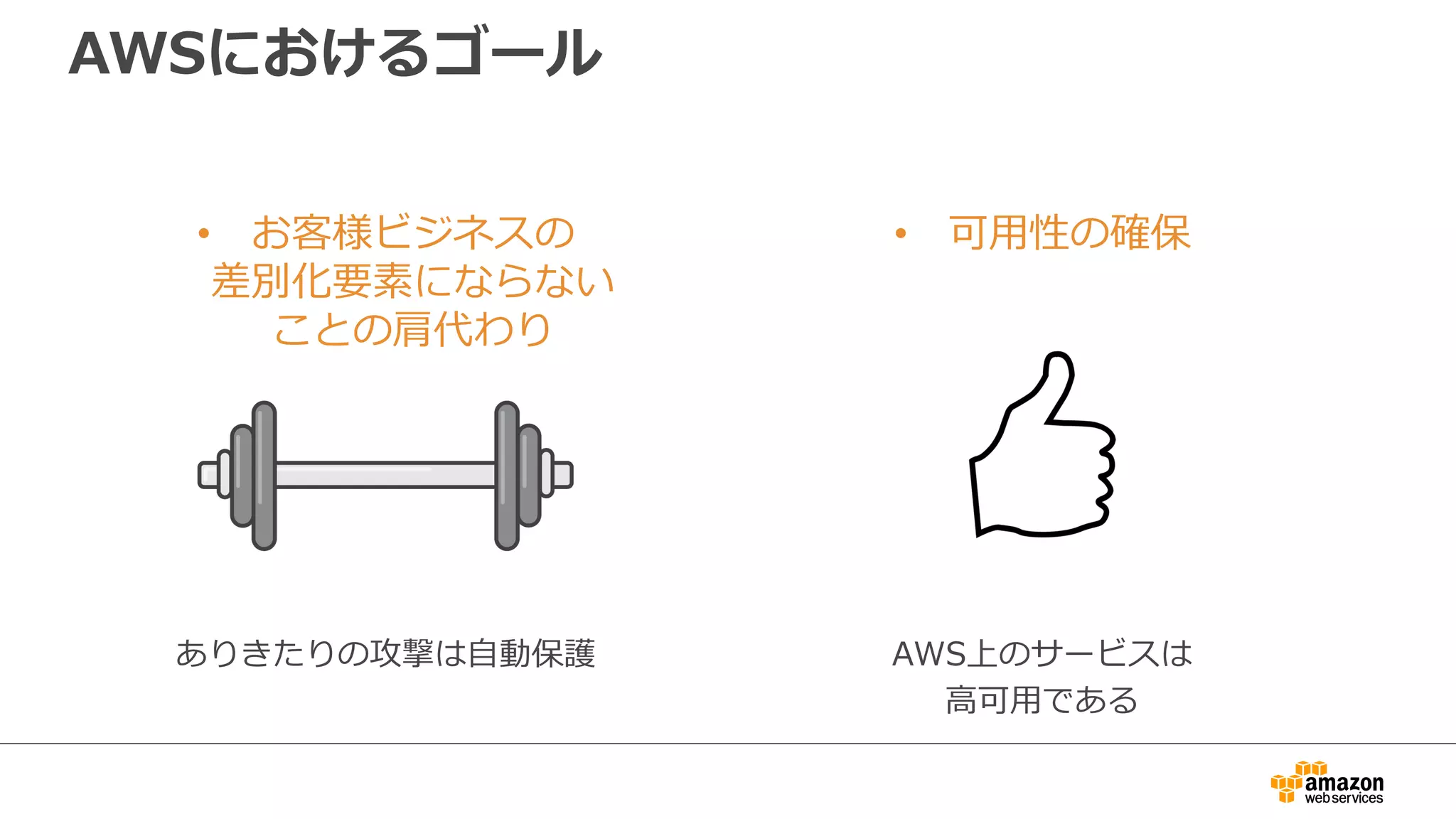 AWSにおけるゴール
• お客様ビジネスの
差別化要素にならない
ことの肩代わり
• 可⽤性の確保
ありきたりの攻撃は⾃動保護 AWS上のサービスは
⾼可⽤である
 