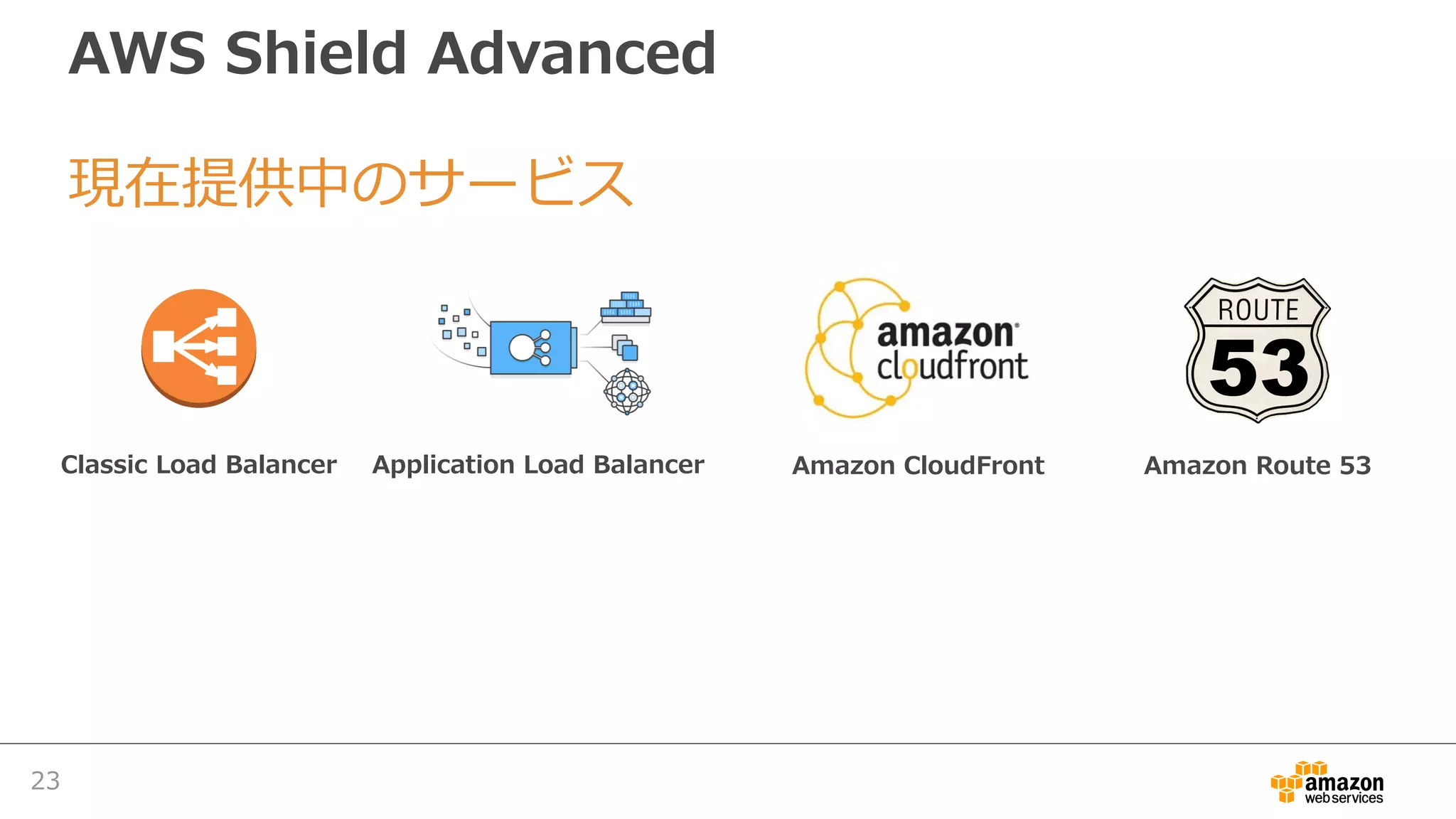 AWS Shield Advanced
現在提供中のサービス
23
Application Load BalancerClassic Load Balancer Amazon CloudFront Amazon Route 53
 