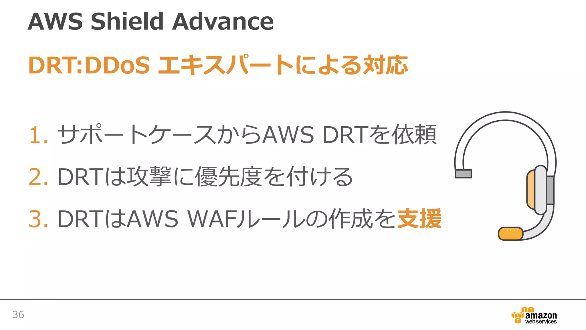 1. サポートケースからAWS DRTを依頼
2. DRTは攻撃に優先度を付ける
3. DRTはAWS WAFルールの作成を⽀援
AWS Shield Advance
DRT:DDoS エキスパートによる対応
36
 