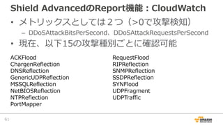 Shield AdvancedのReport機能：CloudWatch
• メトリックスとしては２つ（>0で攻撃検知）
– DDoSAttackBitsPerSecond、DDoSAttackRequestsPerSecond
• 現在、以下1...