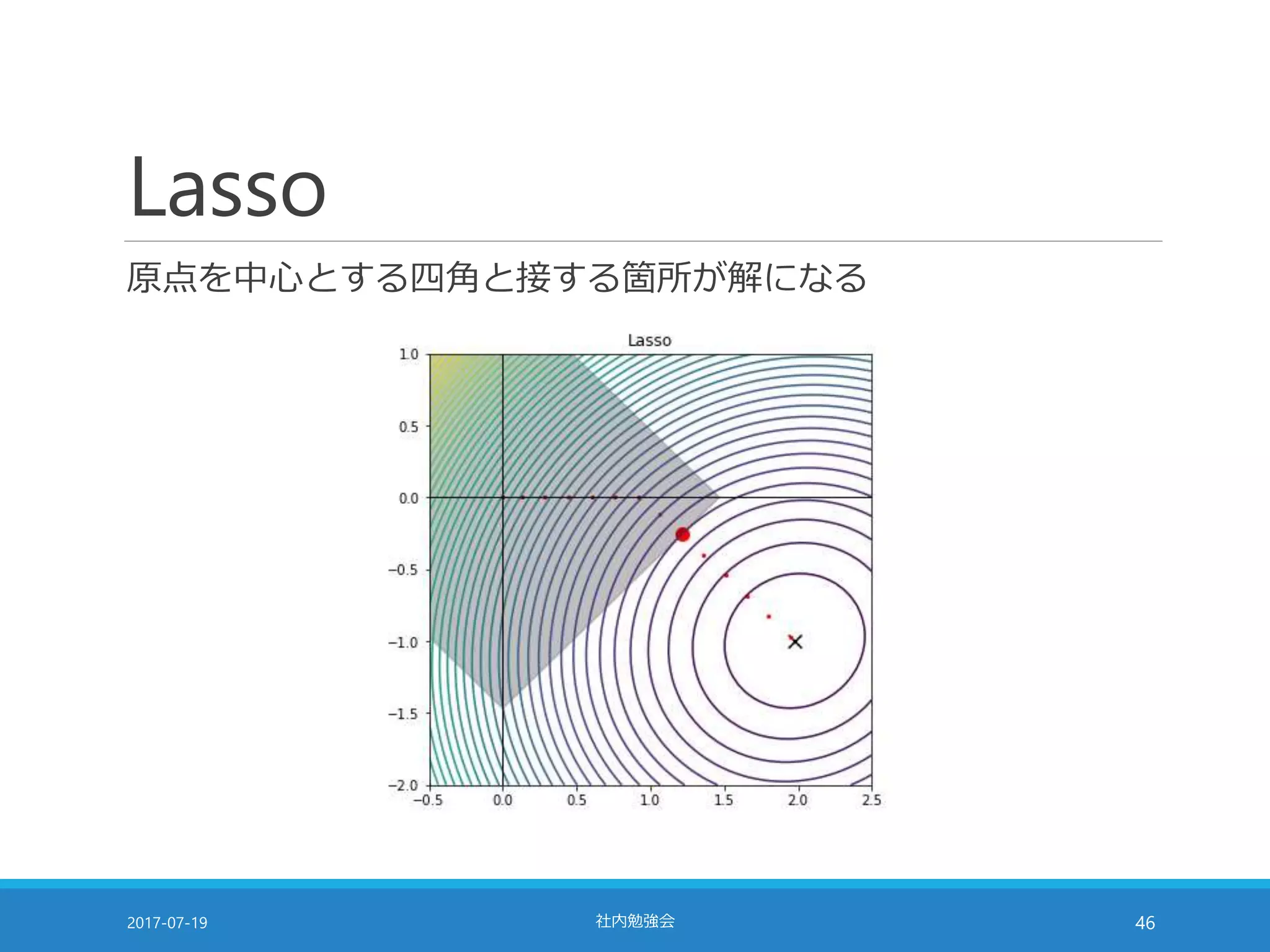 Lasso
原点を中心とする四角と接する箇所が解になる
2017-07-19 社内勉強会 46
 