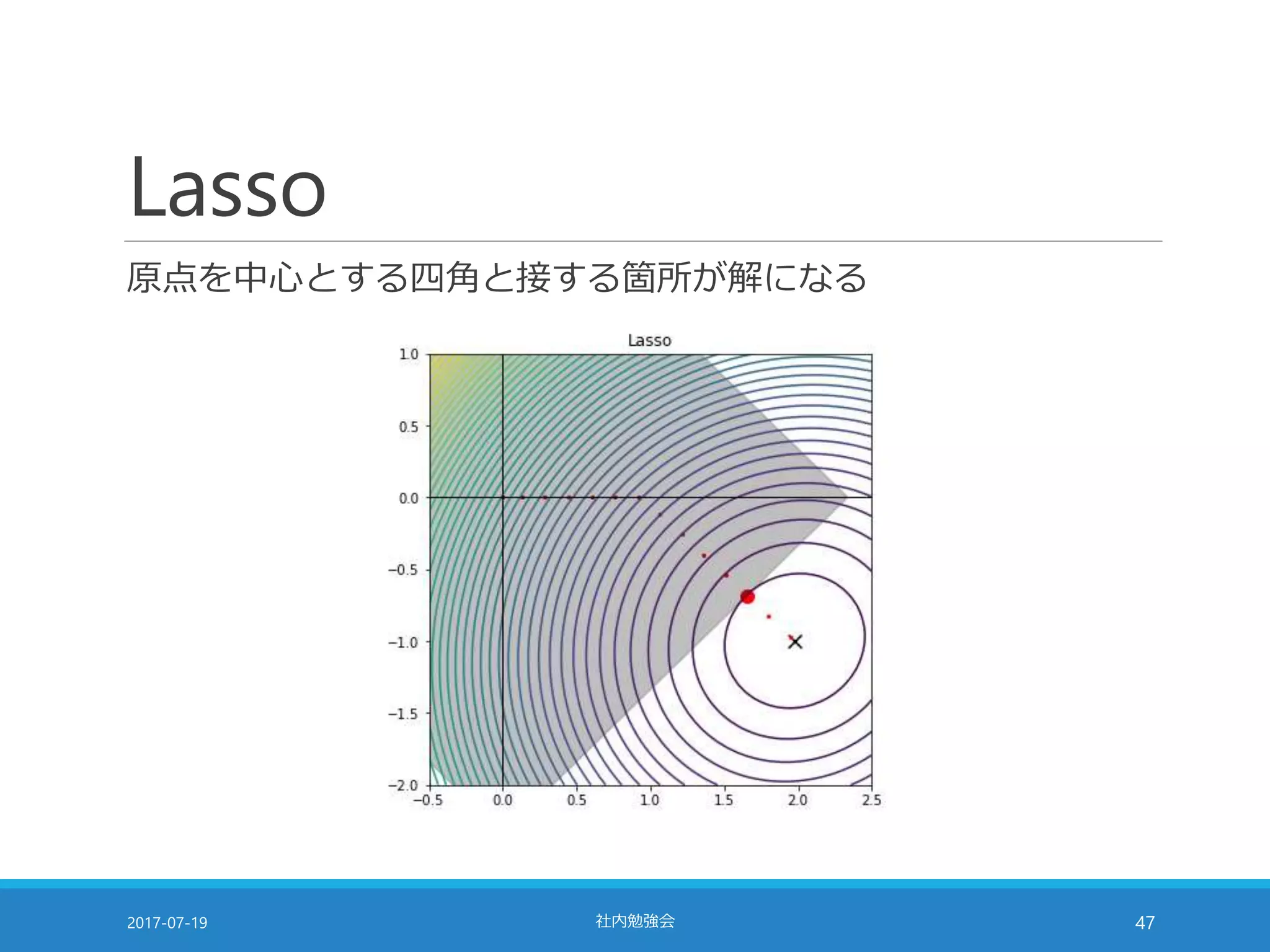 Lasso
原点を中心とする四角と接する箇所が解になる
2017-07-19 社内勉強会 47
 