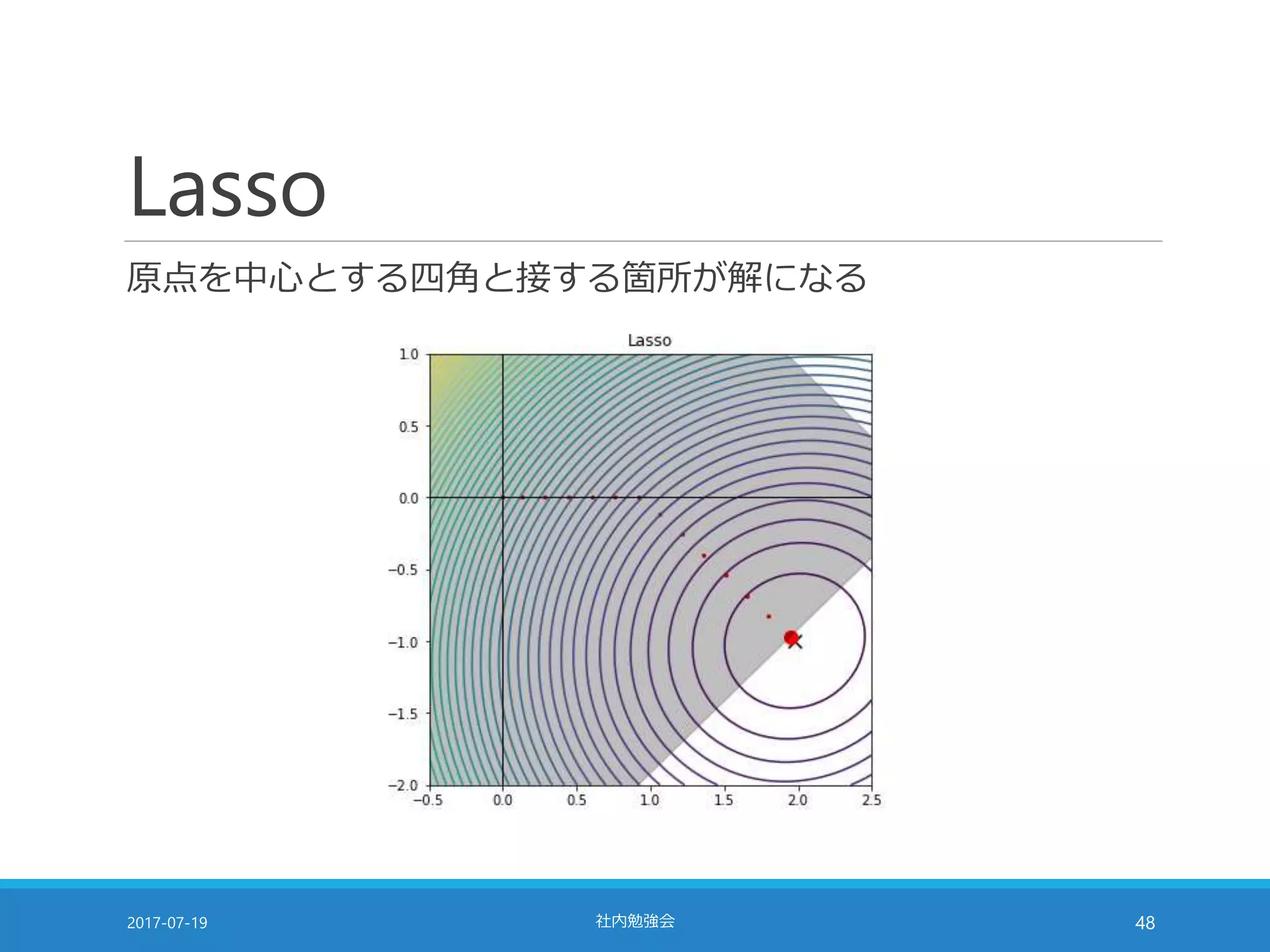 Lasso
原点を中心とする四角と接する箇所が解になる
2017-07-19 社内勉強会 48
 