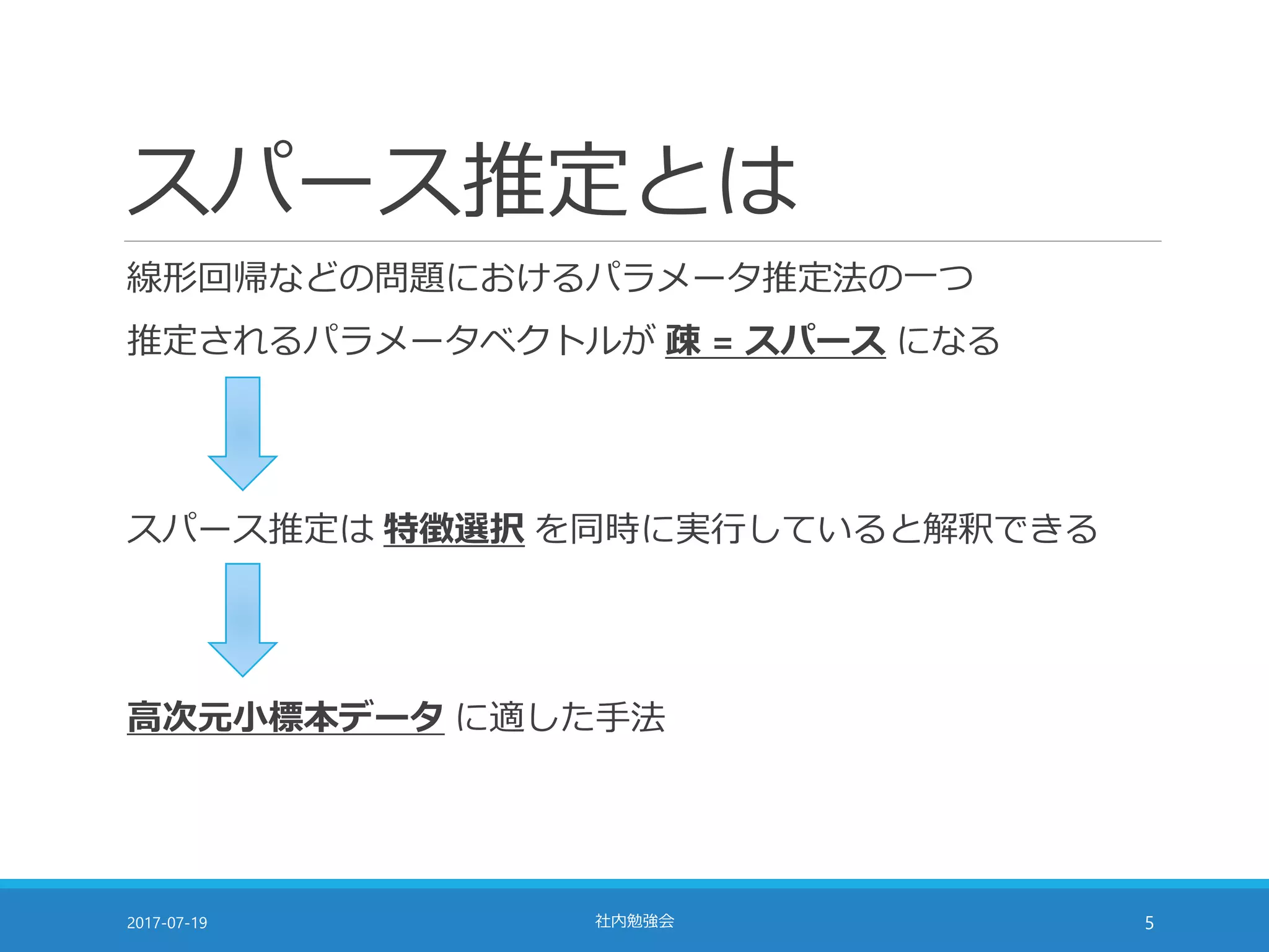 スパース推定とは
線形回帰などの問題におけるパラメータ推定法の一つ
推定されるパラメータベクトルが 疎 = スパース になる
スパース推定は 特徴選択 を同時に実行していると解釈できる
高次元小標本データ に適した手法
2017-07-19 社内勉強会 5
 